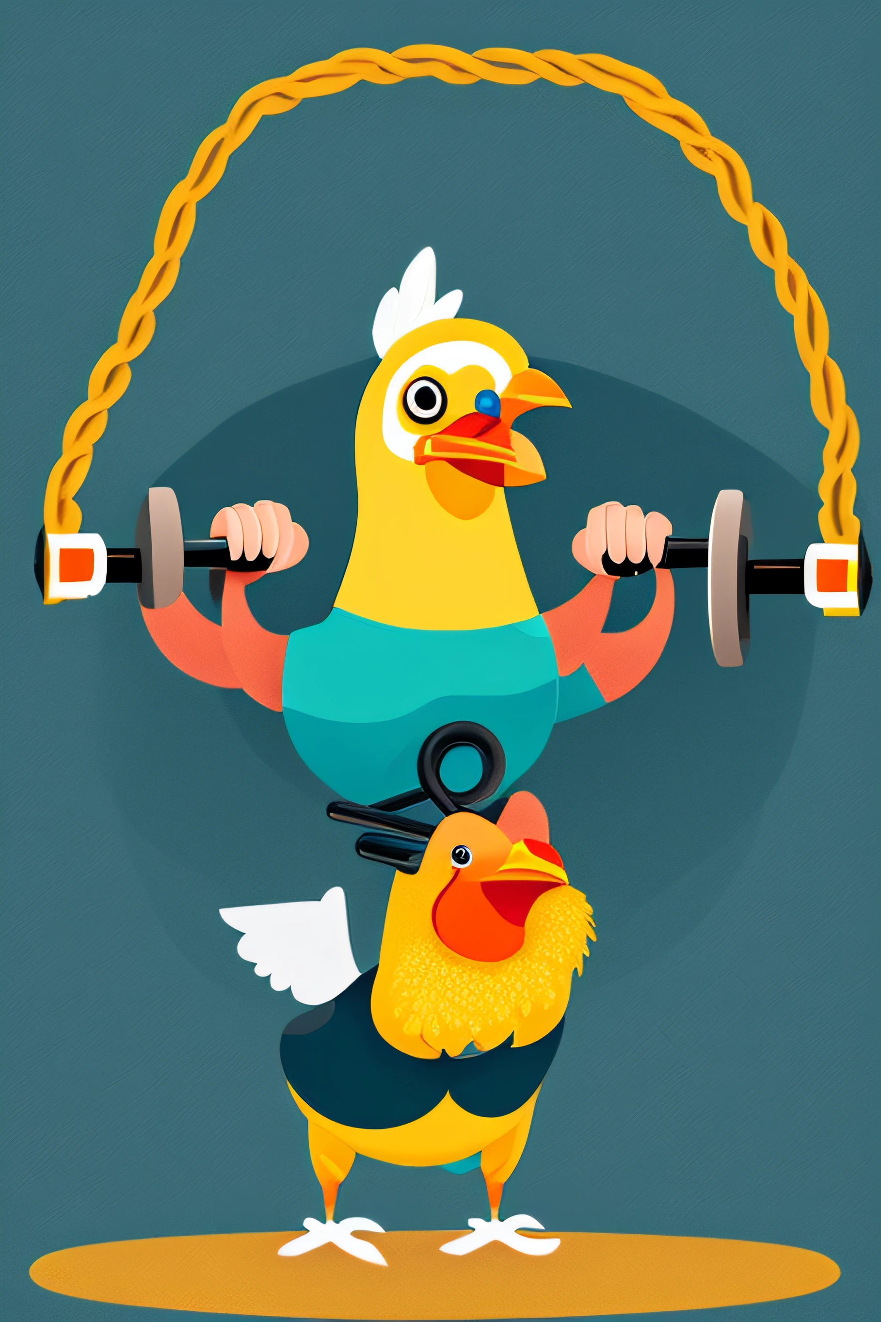 illustrated funny cute chicken doing exercise with halters in the gym no background