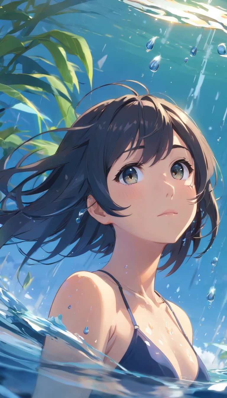 best qualtiy, tmasterpiece, 超高分辨率, realisticlying,1 female,Black jellyfish hair,(Sexy black Balenciaga),(hot onsen),Arrogant sexy face,There are water droplets on the body,full body pov,wide angles
