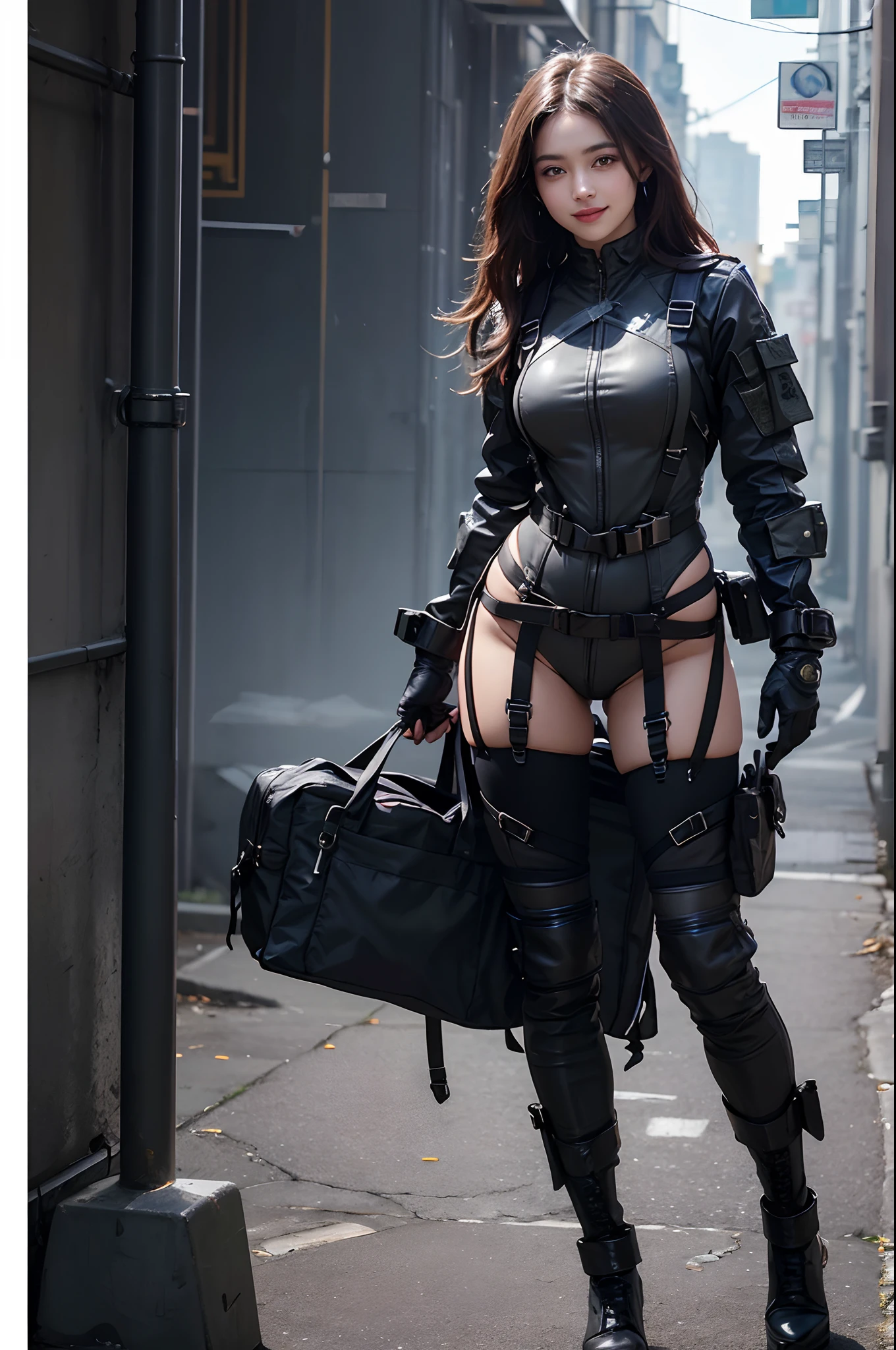 (Highest image quality, outstanding details, ultra-high resolution), 1 girl, (wearing futuristic military outfit), (glamour body:1.2, buffed body), (a bit chubby:0.4), (futuristic military outfit like black and grey mechanic suit, military harness), background city street, kind smile, random pose,