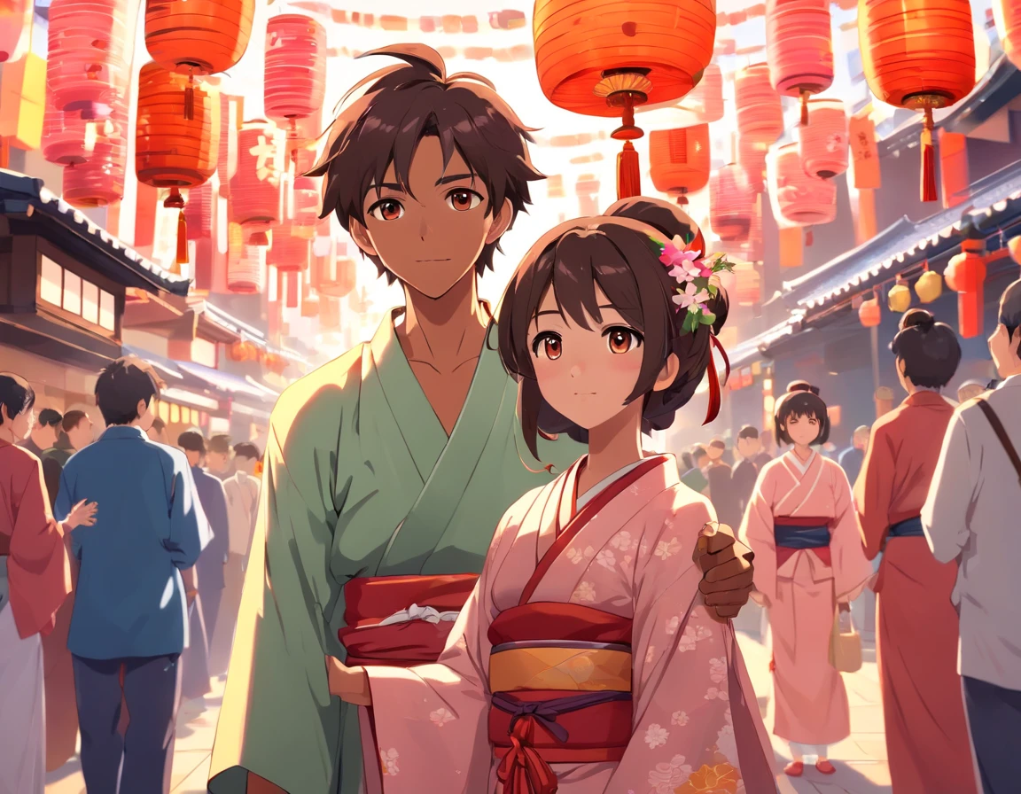 (Indian guy with brown skin) and (Japanese girl) wearing kimono in Japanese festival, (background characters/crowd)