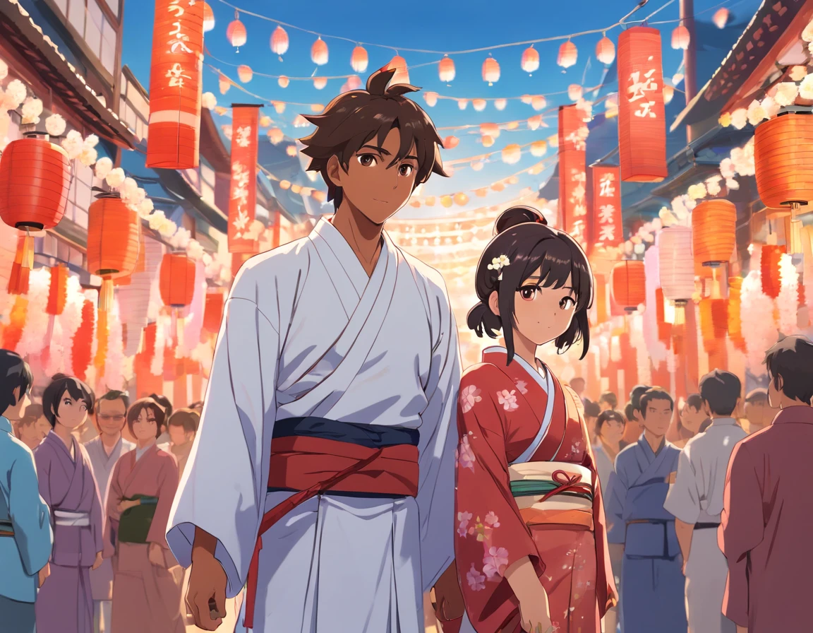 (Indian guy with brown skin) and (Japanese girl) wearing kimono in Japanese festival, (background characters/crowd)