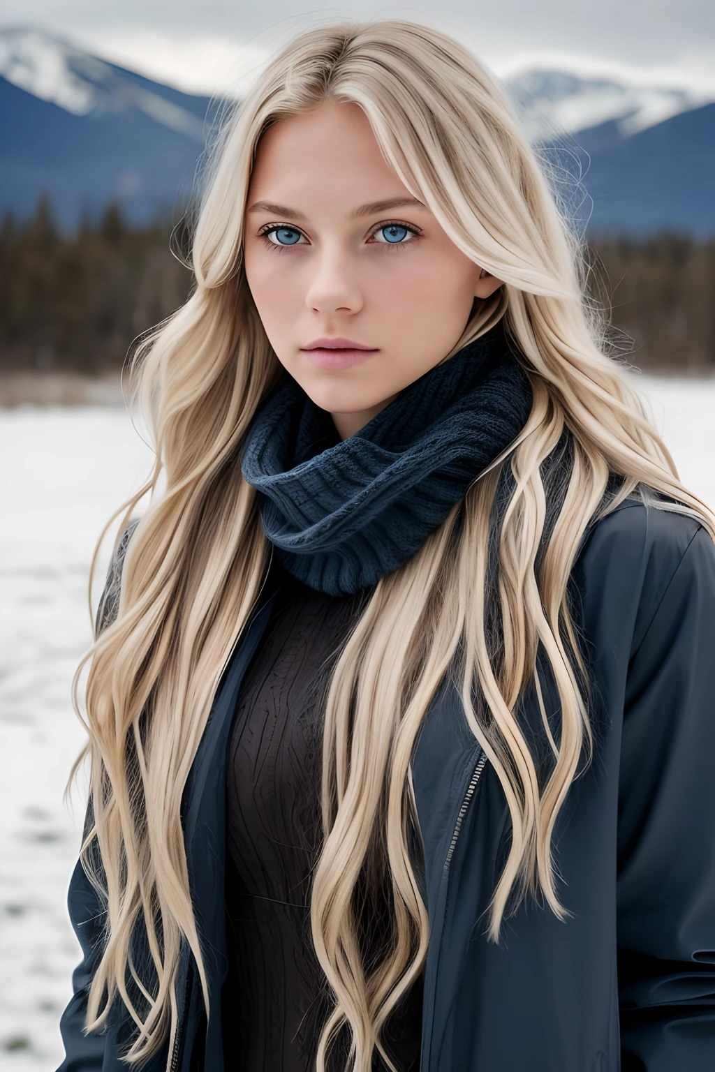 ((1girl in, 19, Solo, Long wavy blond hair, messy wind blown hair, blondehair, (dark blue eyes), Colossal tits, full body shot, (textured skin, skin pores:1.1))), imperfect skin, goosebumps, in a town park, wood bench, (snowy mountains: 1.8), (extremely detailed 8k wallpaper), soft lighting, high quality, film grain, Fujifilm XT3 sharp focus, f 2.6, 135mm, High Detail, Sharp focus,(natural light), (seductive), Realistic, ultra realistic, photo realistic, crazy details, complex details, hyper detailed, (she is wearing a black winter jacket: 1.5), fuzzy jacket lining, (wearing a scarf & white leggings: 1.1)