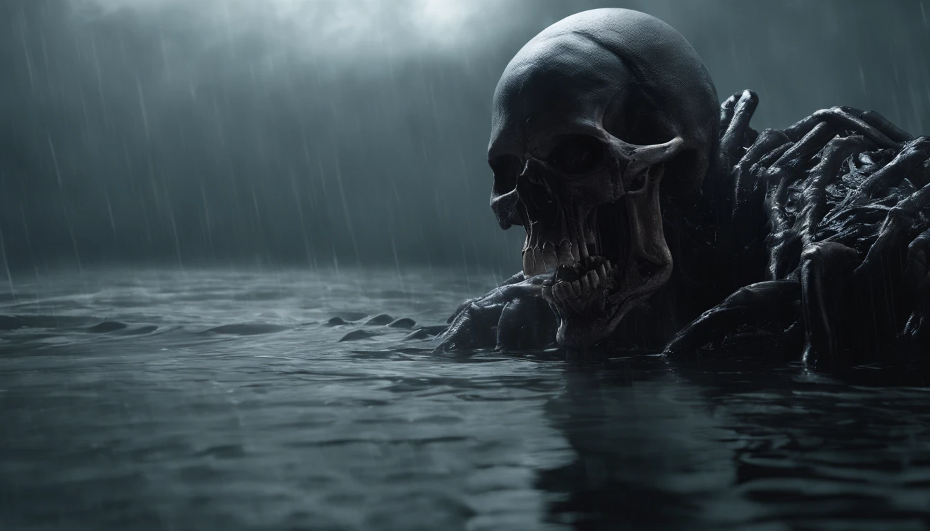 skull faced monster crawling in a liquid, horror sci fi, cinematic look, creepy sci fi aesthetic, ultra detailed, photorealistic, masterpiece.