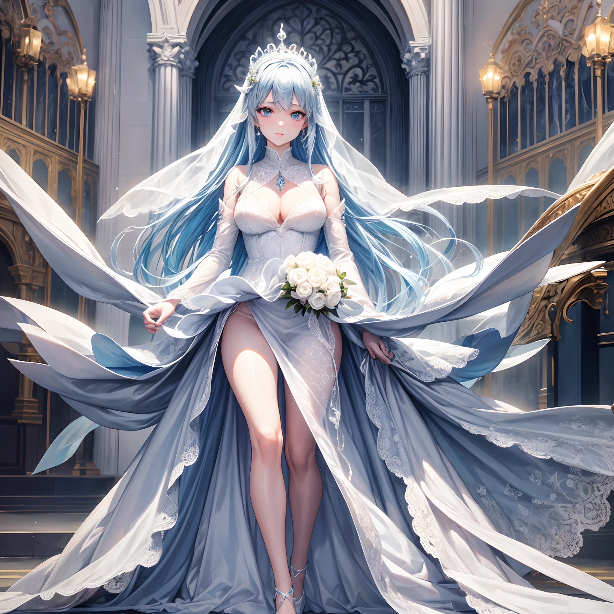 (Extremely Delicately Beautiful:1.2),8K,(tmasterpiece:1.0),(Best_quality:1.0),1girll,Mature woman,Complicated details,enlarged textures,Complicated details,Fine eyes and detailed face,Complicated details,whaite hair,(Keep one's mouth shut),perfect eyes,Equal eyes,(goddes),white wedding gown,Long legs,Stand Shaoyu,Delicate cold white skin face,Slim jade hands,Delicate Crystal Princess heels,nedium breasts,cleavage,The long legs are thin and straight, and white,white lace wedding dress,mediuml breasts,are standing,Princess Throne,Blue hair,White leg suit,Blue pupil,Diamond crown,lace legwear,