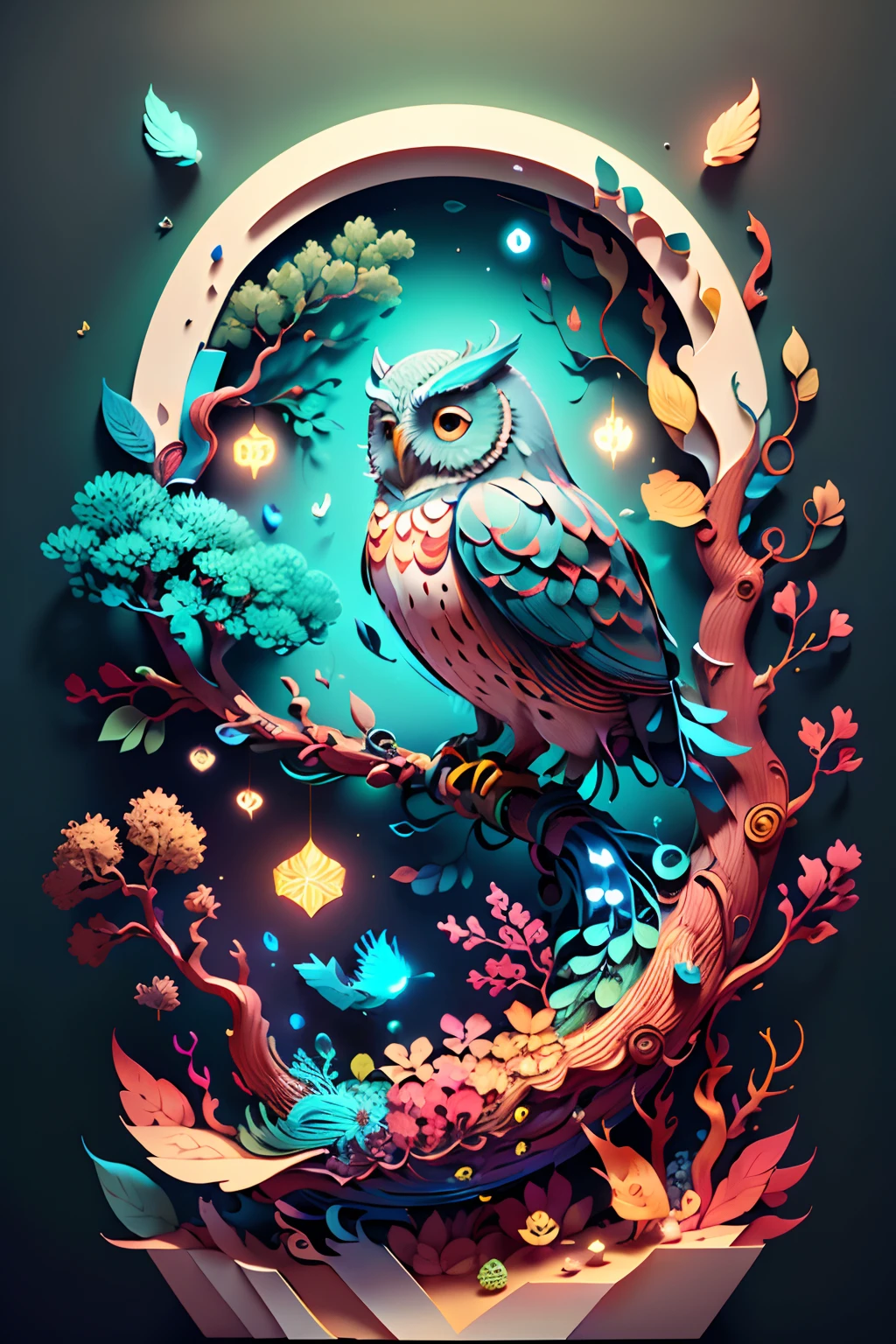 (((masterpiece))),best quality,illustration,beautiful detailed glow, paper_cut, owl, tree, vibrant color