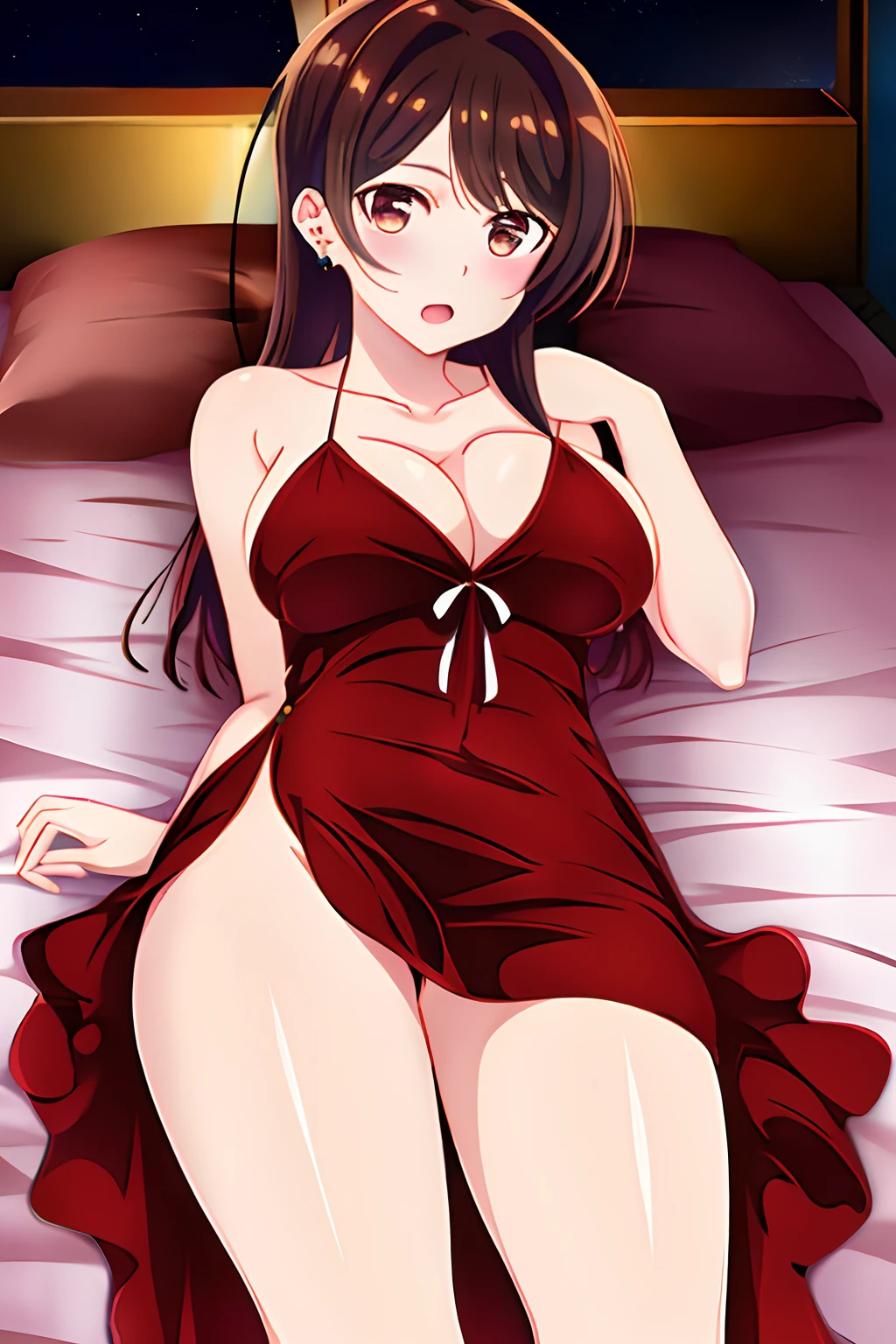 Chizuru, 1girl, solamente, largo_cabello, senos, Looking_en_espectador, Senríen, flequillo,Medius_senos, brown_cabello, vestido, escote, solamente_hombros, brown_ojos, jewely, sentada, muy_largo_cabello, cerrado_boca, 鎖骨, Muslos, Pendientes, sin mangas, dentro, bienzalete, no_bien, cama, inclinado_adelante, no_biengas, sin mangas_vestido, barrido_flequillo, cama_sheet, brazo_apoyo, en_cama, rojo_vestido, revelador_ropa, areola_slip, downblouse, Noche_vestido, Hundiendo_escote