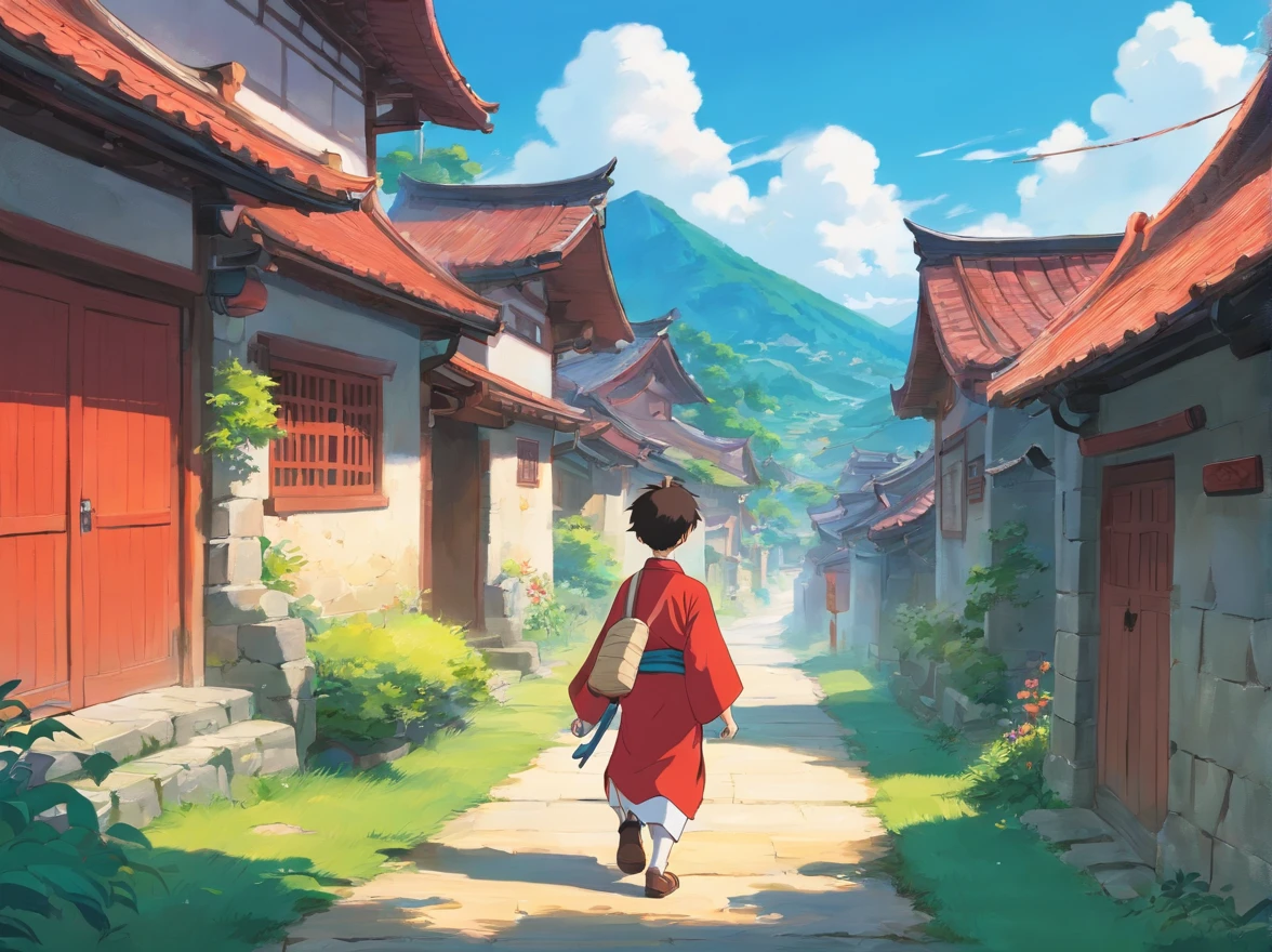 with blue sky and white clouds、15-year-old boy wearing red Zhuang costume 、Walk on the village road、Back Shadow、Step out of the village gate、was anxious（The picture shows a young boy looking for the help of a very good traditional craftsman）