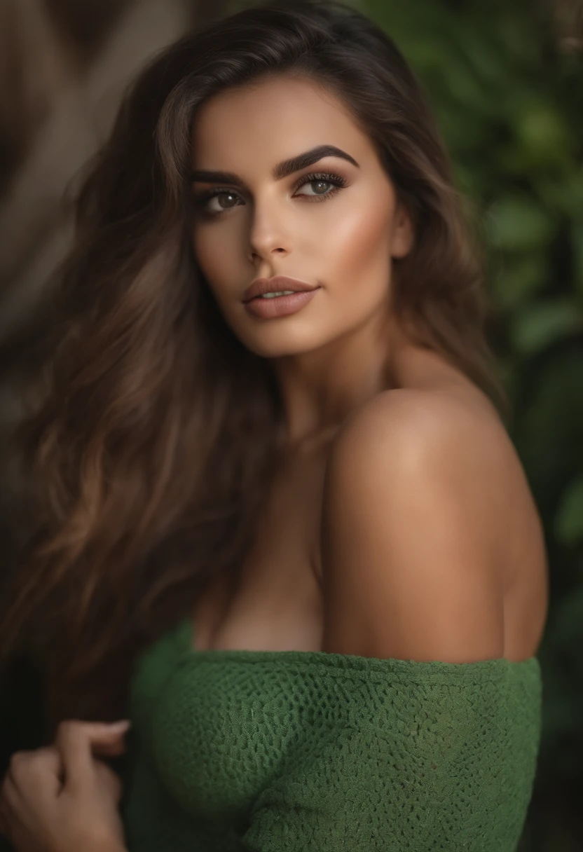 Arafed mulher completamente , com olhos verdes , Ultra realista, meticulosamente detalhado, Retrato Seltin doce cabelo castanho e olhos grandes, selfie de uma jovem mulher, , Violeta Myers, sem maquiagem, Maquiagem natural, staring directly at camera, Rosto com Artgram, Maquiagem sutil, Grande foto de todo o corpo ajoelhado na cama, no quarto, Medium to large bust
