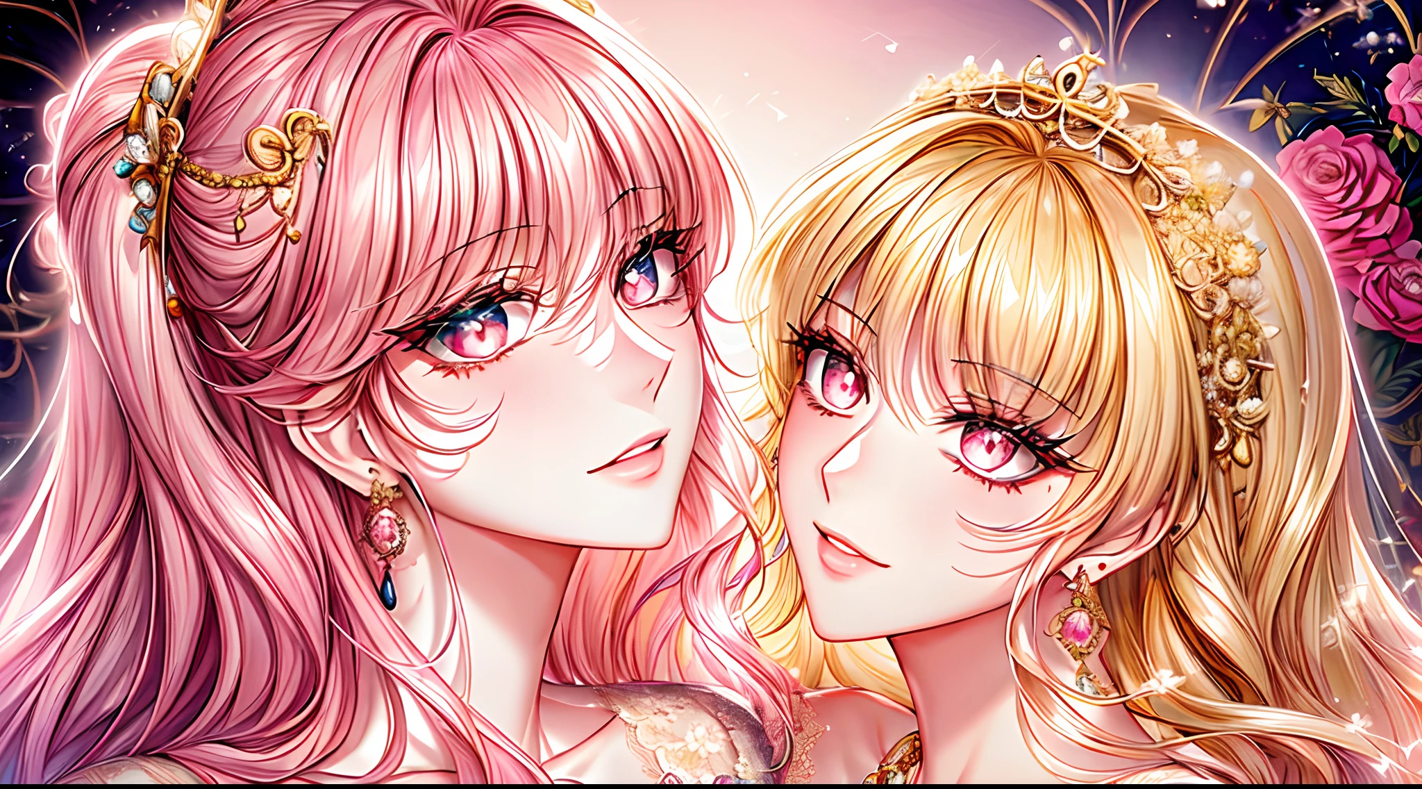 ((shoujo-style, floral background, romance manhwa)), (close up), (2girls aligned:1.2), couple, pink hair, platinum-blonde hair, solo, long hair, flower, dress, thick eyeblows, flower, straight hair, blaid, closed mouth, collarbone, breast, (cleavage), puffy sleeves, white dress, purple dress, elbow gloves, earrings, necklace, (tiara), jewelry, golden, lace trimmed, bow, face focus, teasing, beautiful face, detailed eyes, detailed pupil, looking at viewer, all intricate