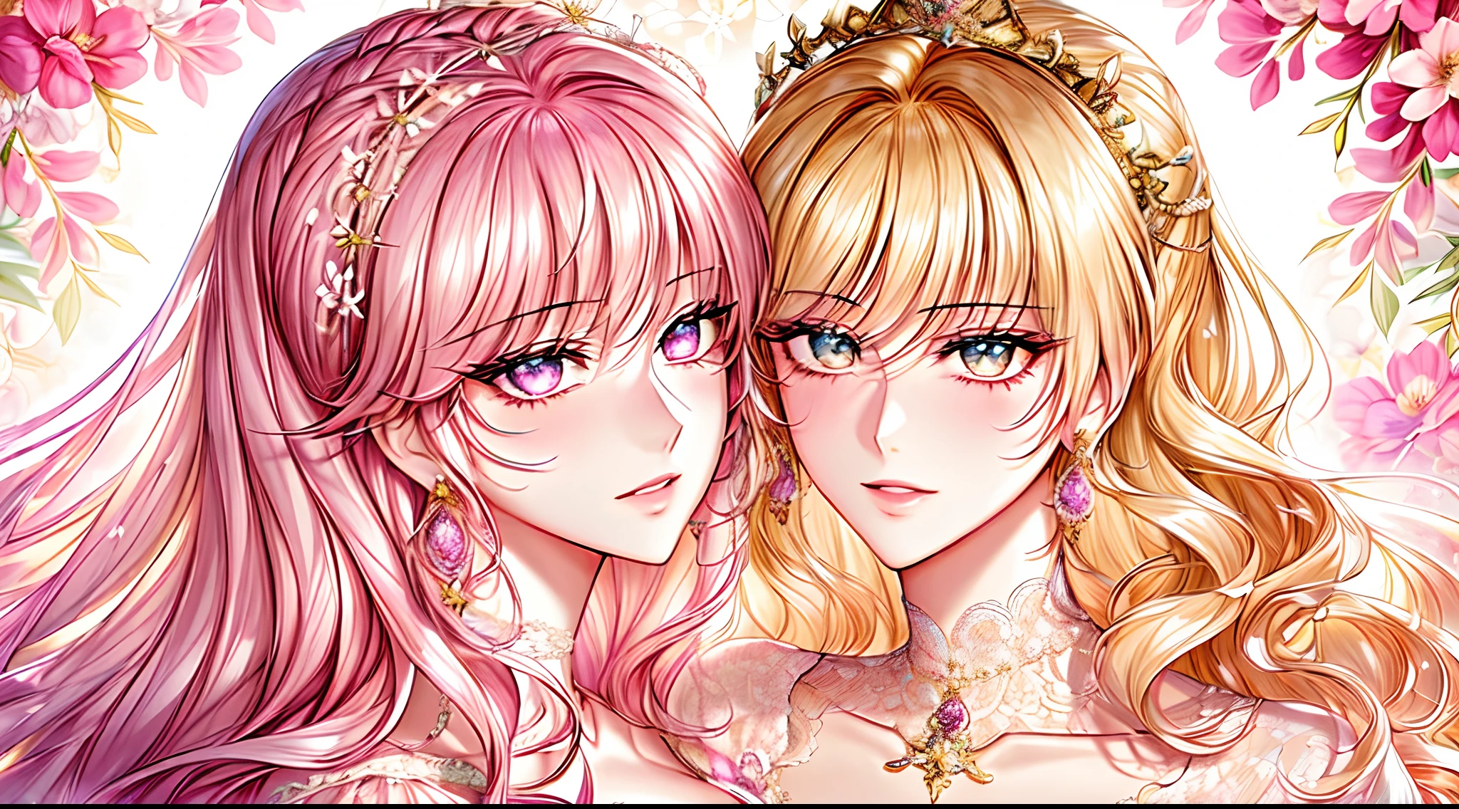 ((shoujo-style, floral background, romance manhwa)), (close up), (2girls aligned:1.2), couple, pink hair, platinum-blonde hair, solo, long hair, flower, dress, thick eyeblows, flower, straight hair, blaid, closed mouth, collarbone, breast, (cleavage), puffy sleeves, white dress, purple dress, elbow gloves, earrings, necklace, (tiara), jewelry, golden, lace trimmed, bow, face focus, teasing, beautiful face, detailed eyes, detailed pupil, looking at viewer, all intricate