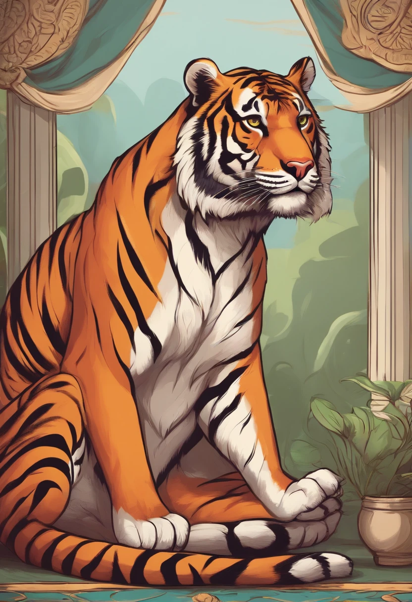 Cartoon tiger doing yoga seated pose