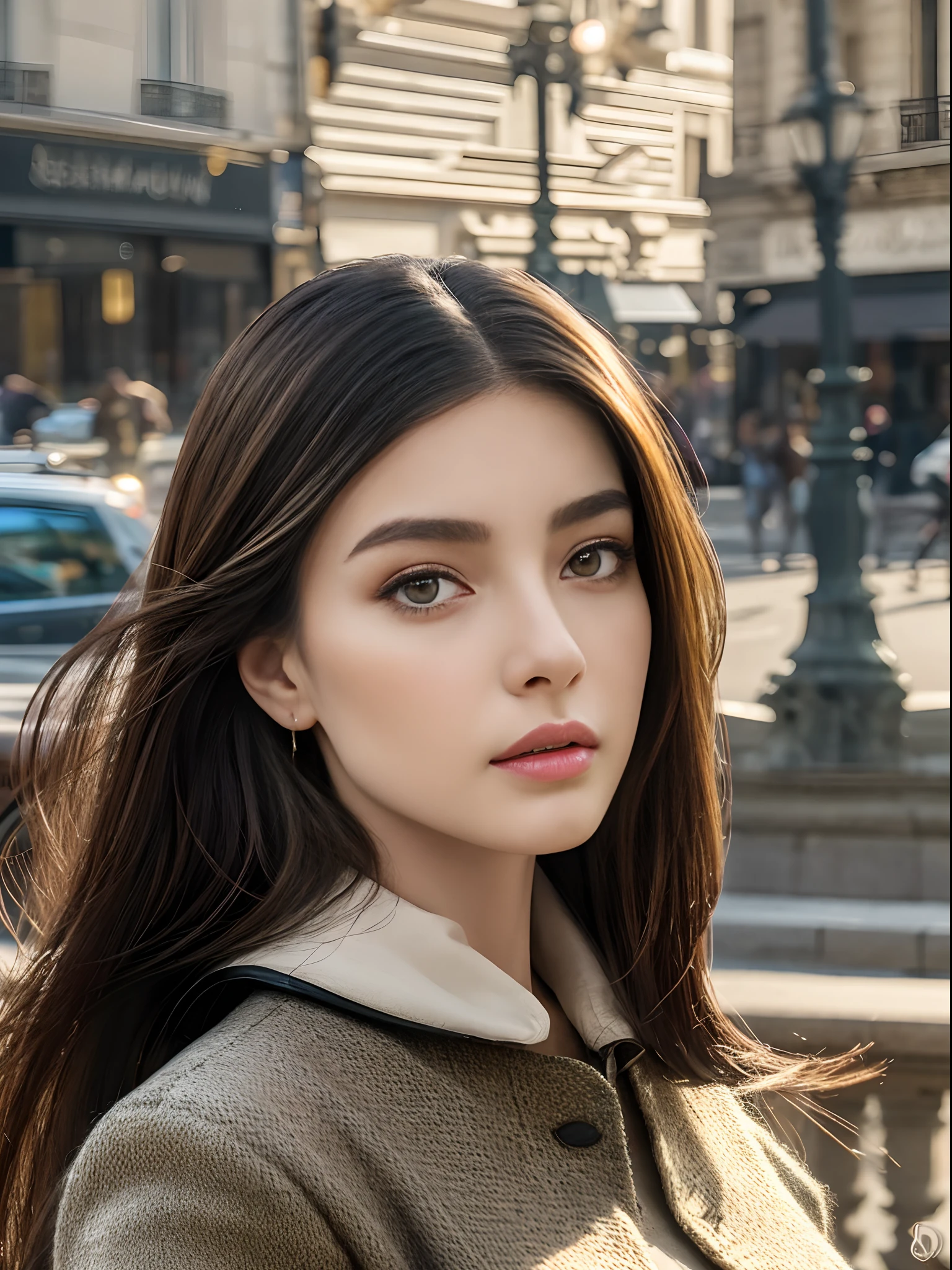 Waist high portrait of exotic beautiful woman in trendy clothes in Paris、Perfect detailed face、detailed symmetric hazel eyes with circular iris、Realistic stunning lifelike photography、3d rendered、octan render、complexly detailed、Cinematic、Trending on ArtStation、isometric、Centered hipereallistic cover photo、awesome full color、handdraw、murky、Grainy、by mucha、Klimt、Elte 12K、hight resolution、 cinematic, neoprene, Behance Contest Winner, Portraits featured on Unsplash, Stylized digital art, smoother, 超A high resolution, 8K, unrealengine5, super sharp focus, intricate artwork masterpieces, epic poem, TanvirTamim, Trending on ArtStation, artgerm, H. R. Giger and Bekssinski, Highly detailed and vibrant