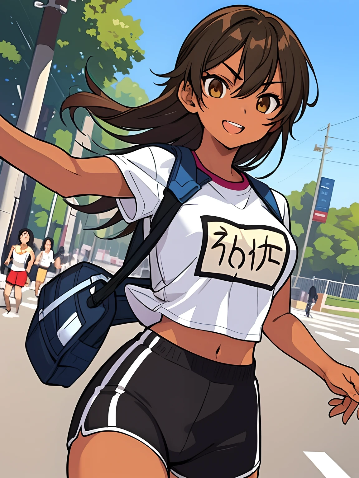 (SFW),((masterpiece, best quality)),tan,1girl,19 year old,teenager,(perfect body),running shorts,cropped shirt,brown hair,joyful expression,running, short height,looking at girl from up