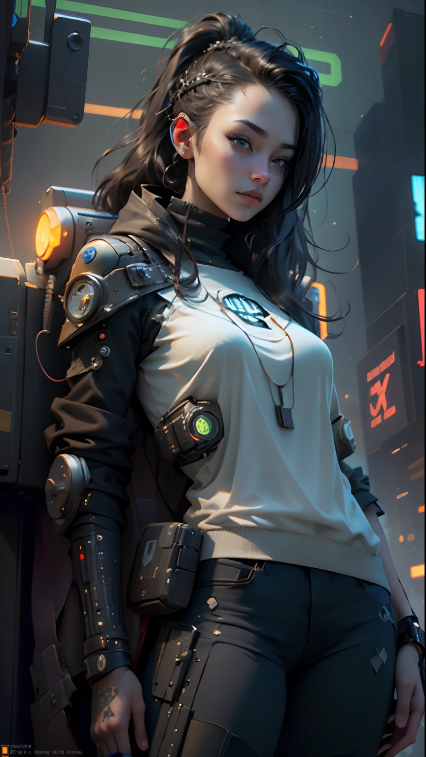 ((Best Quality)), ((Masterpiece)), (Very detailed:1.3), 3D, Beautiful (Cyberpunk:1.3) Female hacker, thick hair, revealing clothes, operating computer terminals, computer servers, LCD screens, fiber optic cables, corporate logos, HDR (High Dynamic Range), ray tracing, NVIDIA RTX, Super Resolution, Unreal 5, Subsurface scattering, PBR textures, Post processing, Anisotropic filtering, Depth of field, Maximum sharpness and sharpness, Multi-layer textures, Albedo and specular mapping, surface shading, accurate simulation of light-material interactions, perfect proportions, octane rendering, duotone lighting, low ISO, white balance, rule of thirds, wide aperture, 8K RAW, high efficiency sub-pixels, subpixel convolution, luminous particles,