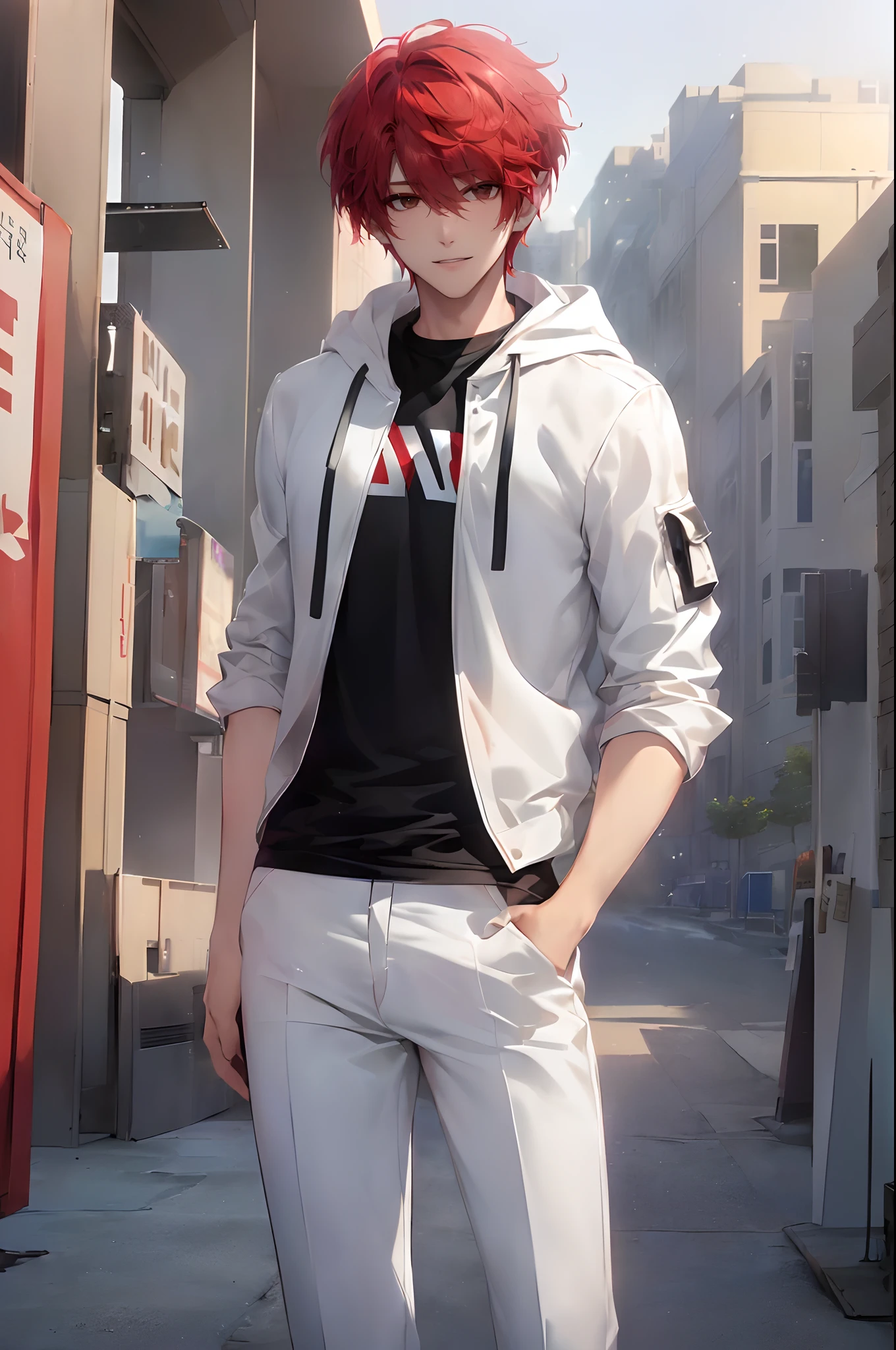 (4K works))、masterpiece、(top-quality)、((Evening city))、((In front of the main gate of the workplace))、((In front of the main gate of the building))、View of the sunset、Korean Male、Adult male、((Adult male 26 years old))、((Face similar to Hyun Jin))、Cool Men、tall、((Gentle smile))、((Strong eyes))、((Wearing a black T-shirt and a white hooded jacket、Wearing long white pants))、((smaller face))、Slim body、((hooligan))、((rather short hair of bright red color,))、((rather short hairstyle above the ears,))、((Pretty short punk hairstyles))、((Black eyes))、((shot from front))、((Shot alone))、((Solo Photography))、((He came to pick me up))、((He stands in front of the main gate of the building))