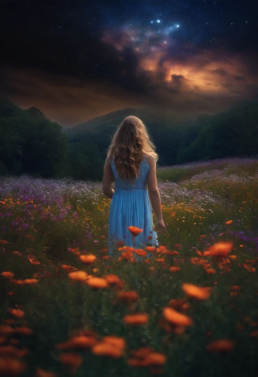 There is a girl standing in a field of flowers looking up at the sky, A girl standing in a field of flowers, uma  andando em um campo de flores, Lost in a Wonderland of Dreams, standing in a flower field, Fantastic digital painting, the sky gradually clears, the starry sky recedes gradually