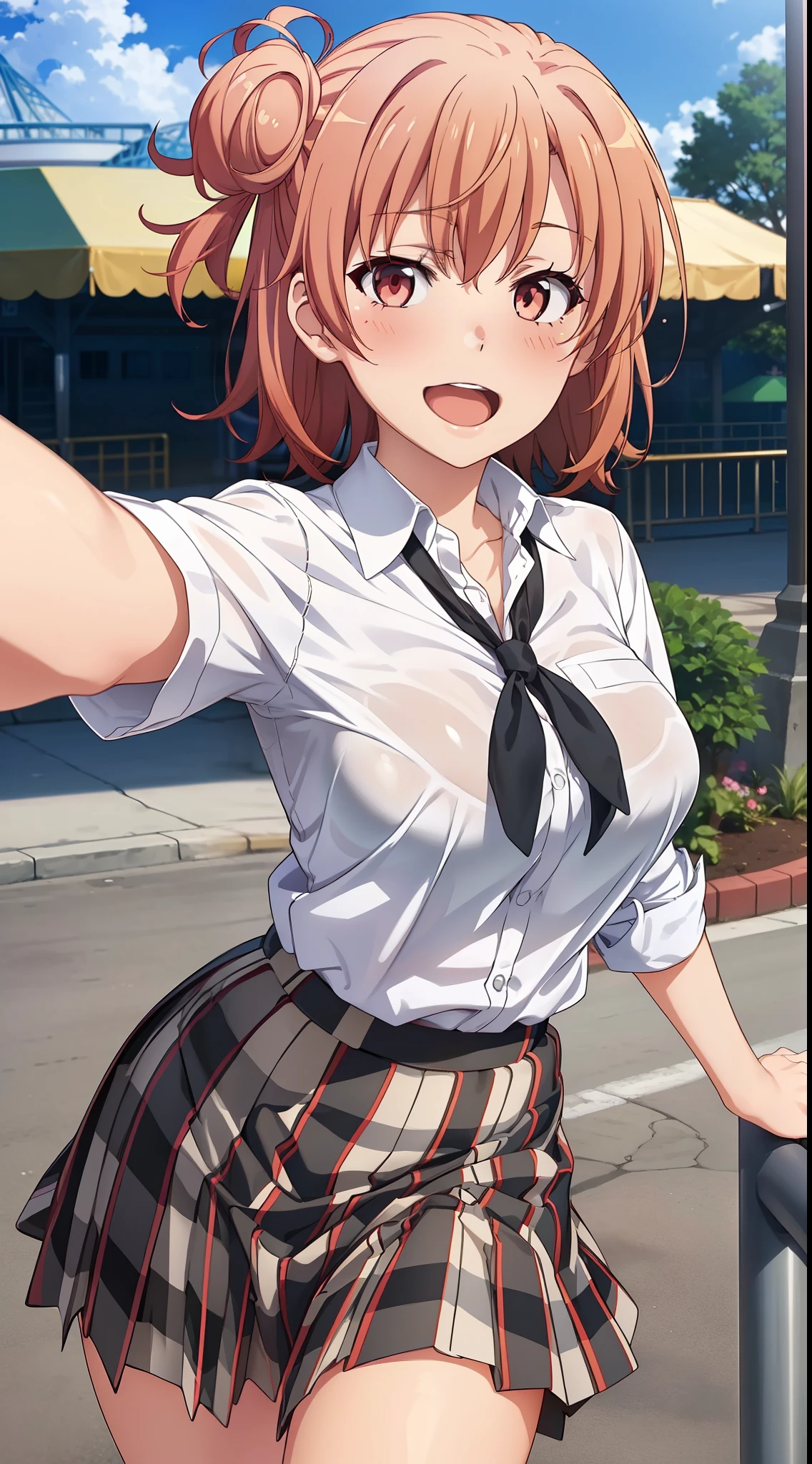 ((masutepiece, Best Quality, hight resolution, nffsw, Perfect Pixel, depth of fields, 4K, nffsw, nffsw))), 
1girl in, Single, Solo, Beautiful anime girl, Beautiful Art Style, Anime Character,
 (Detailed face, Blushing:1.2), (Anime CG style), 
Large breasts,  
(Selfie, Dynamic Angle, Dynamic Pose, POV, close up, looking to viewer), Perfect body, (School uniform, White shirt), ((Black skirt, plaid skirts)), (A smile, Open mouth), amusement park,

Yuigahama Yui, nsfw,