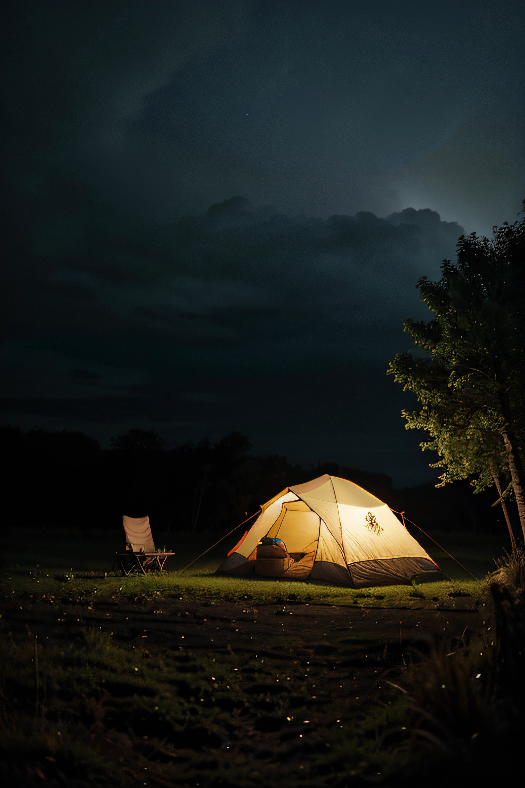 No one was there,Single tent with campfire and deckchairs,On a dark night,Lying in the woods,There are cloudy sky