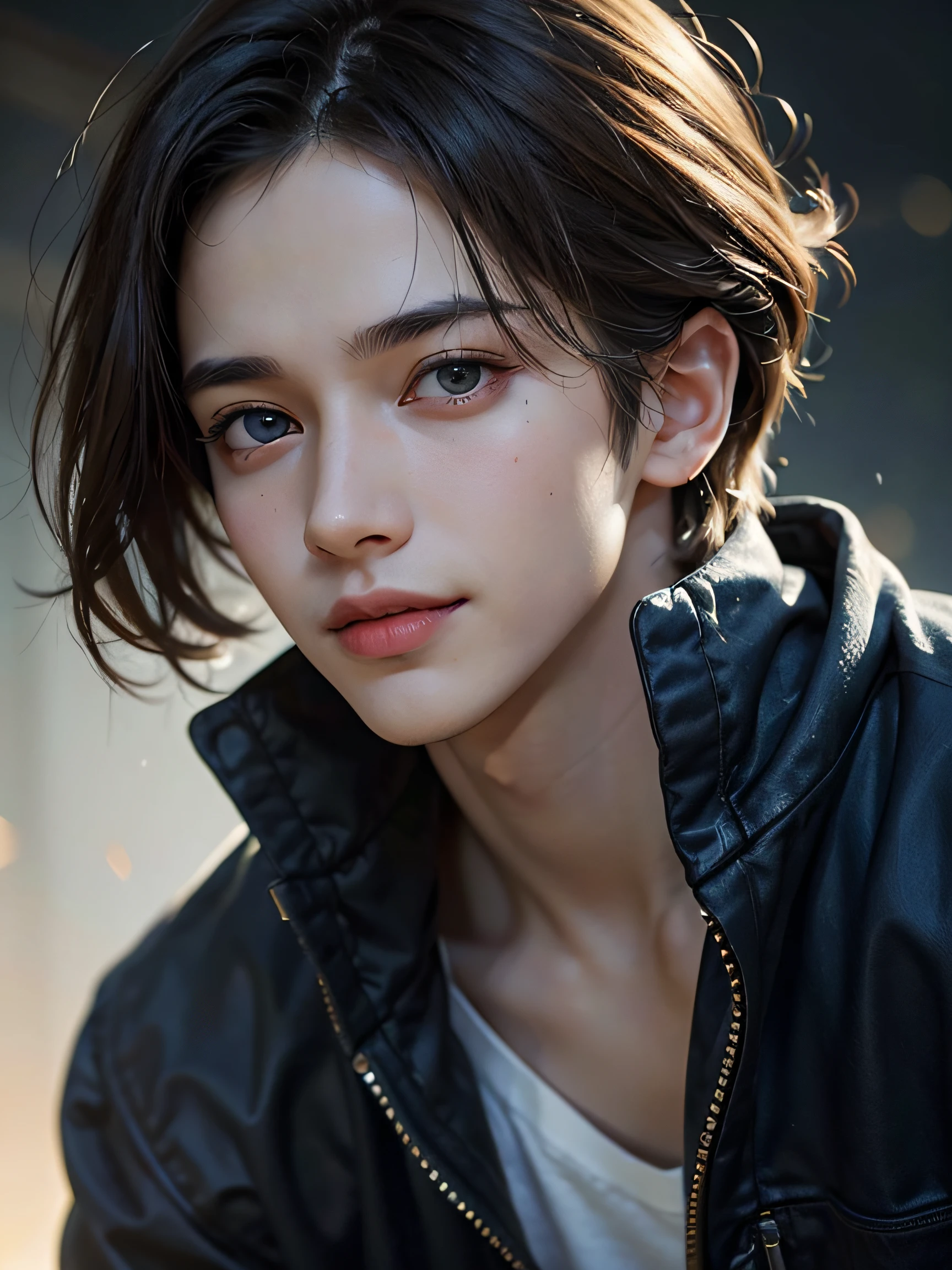 1 boy, 17 yr old, teenaged, Light-brown hair, azure blue big eyes, Solo Focus Facial Treatment for Teens, white  shirt, a handsome, Smiling, Realistic, The dynamic pose is realistic, Detailed and correct facial structure, Leon S. Kennedy, a handsome, Extremely detailed, Dynamic Angle, cowboyshot, The Most Beautiful Shape, elegant, bright colours, romanticism, James Jean, roby dwi antono, by Ross Tran, francis bacon, michal mraz, adrian ghenie, petra cortright, gerhard richter, takato yamamoto, ashley wood, atmospheric