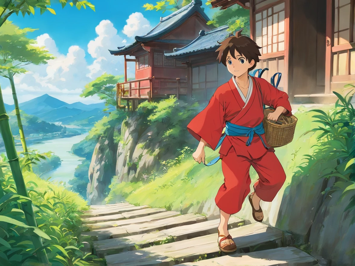 with blue sky and white clouds、15-year-old boy wearing red Zhuang costume、Carry a bag、（The picture shows a boy climbing a small hill，Cross the river，Finally, I came to an old bamboo building）