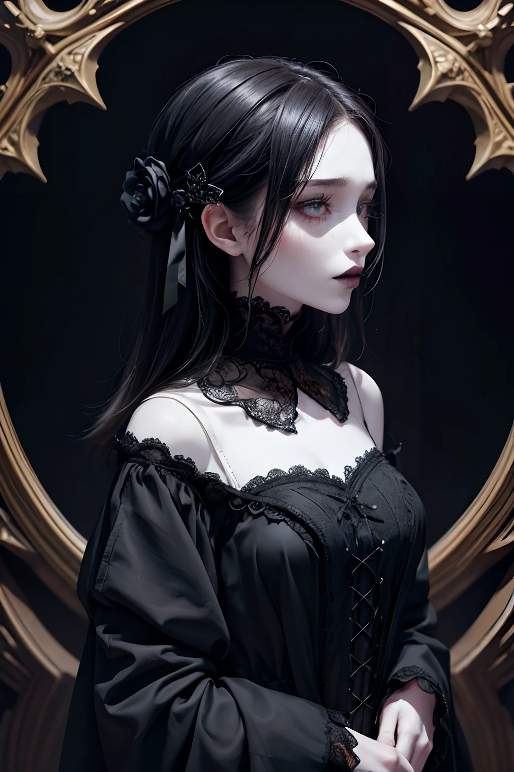 Official Art, Unity 8k wallpaper, super detailed, beautiful, beautiful, masterpiece, best quality, darkness, atmosphere, mystery, romanticism, creepy, literature, art, fashion, victorian, decoration, intricacies, ironwork, lace, contemplation, emotional depth, supernatural, 1 girl, solo, neck, mid body composition, (very pale skin:1.3), dark bags under her eyes, (bags under eyes:1.6), pale like a dead, (black hair:1.1), black lipstick, black lips, arms behind her back