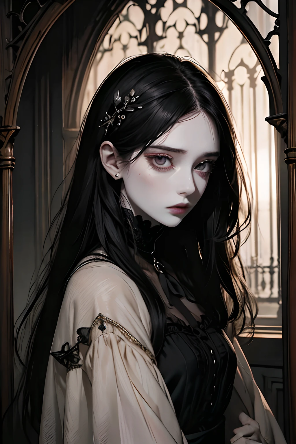 Official Art, Unity 8k wallpaper, super detailed, beautiful, beautiful, masterpiece, best quality, darkness, atmosphere, mystery, romanticism, creepy, literature, art, fashion, victorian, decoration, intricacies, ironwork, lace, contemplation, emotional depth, supernatural, 1 girl, solo, neck, mid body composition, (very pale skin:1.3), dark bags under her eyes, (bags under eyes:1.6), pale like a dead, (black hair:1.1)