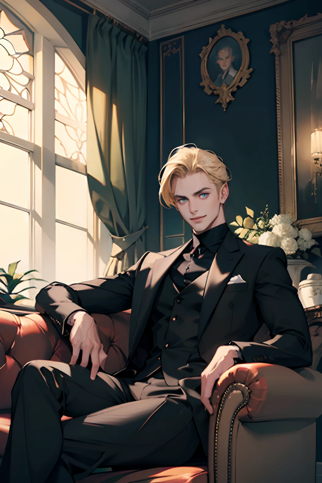 (tmasterpiece, high resolution, ultra - detailed:1.0), 1boy, Perfect male body, Eyes look at the camera, (short golden hair, forehead , Black shirt, black 3-piece-suit,smile,Sit on the sofa), window,Portrait, color difference, Depth of field, dramatic shadow, Ray tracing, Best quality, Extremely detailed CG, 8k wallpaper,male model