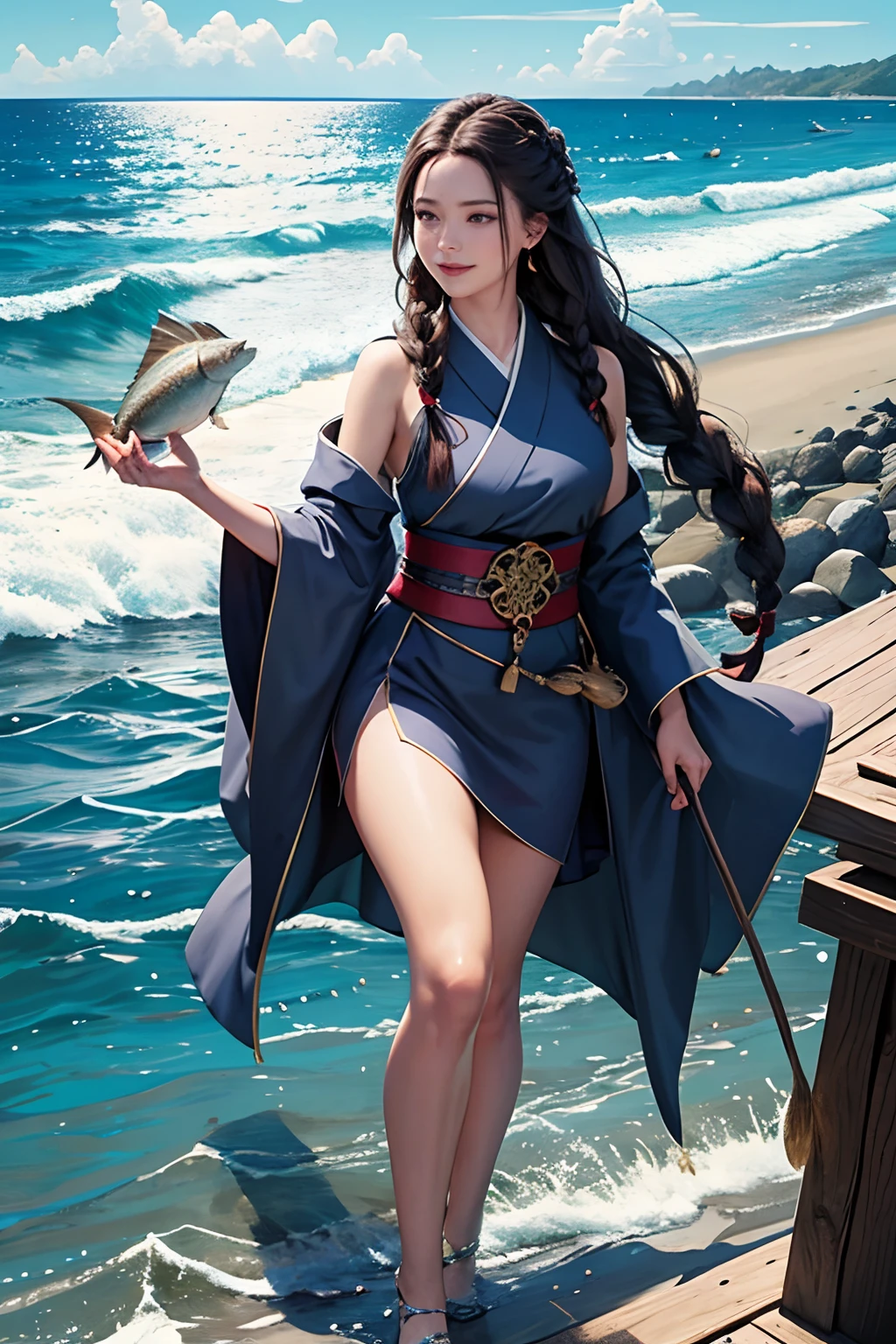 Photorealsitic, hight resolution, 1womanl, 独奏, hips up high, look at viewr, (Detailed face), flaxen hair, Dark blue eyes,Long hair,Braids, Ama,Smile,sea side,Holding a fish in one hand,full bodyesbian,Perfect female body,japanes,abalone