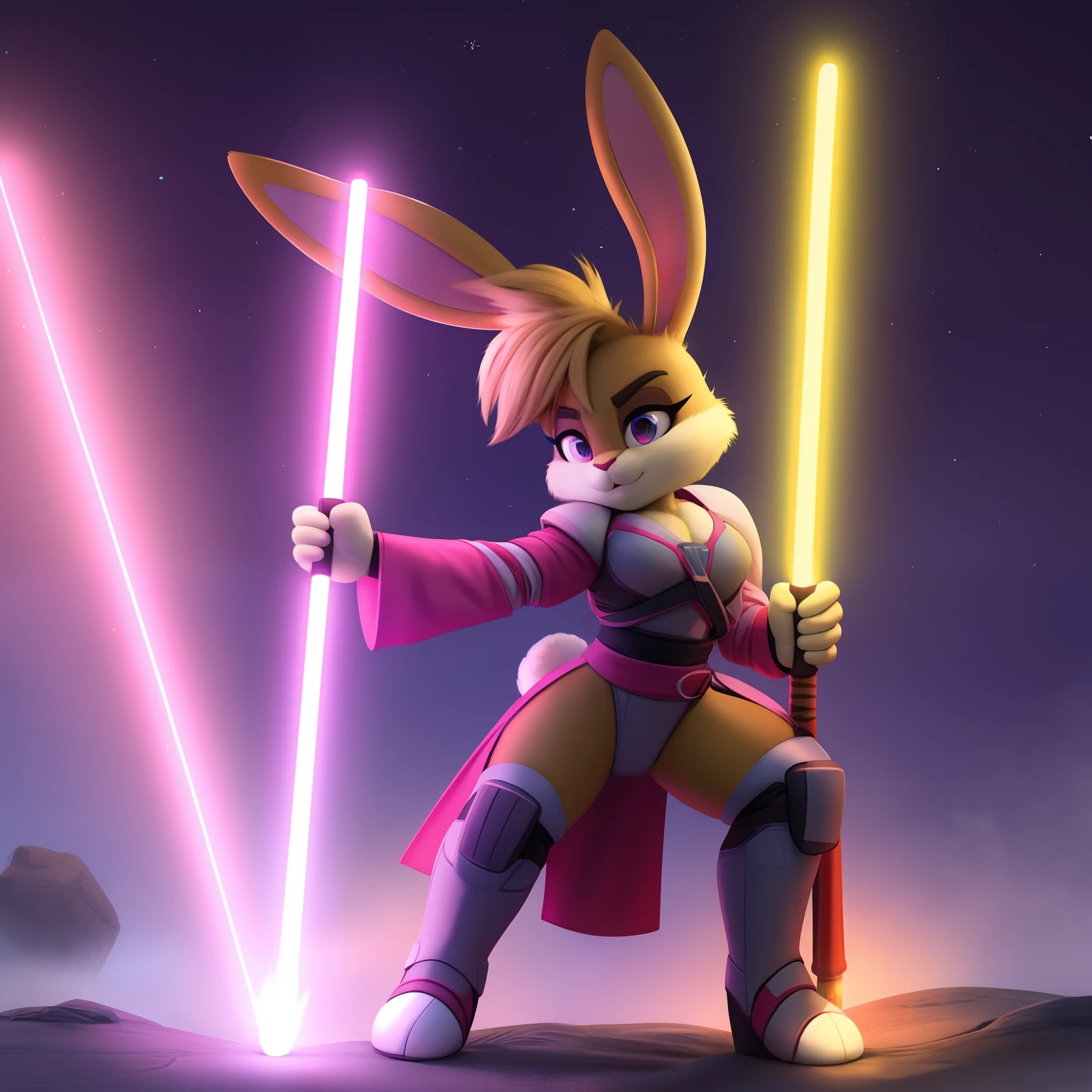 Bunnie Rabbot as a Jedi, two pink lightsabers, live action style