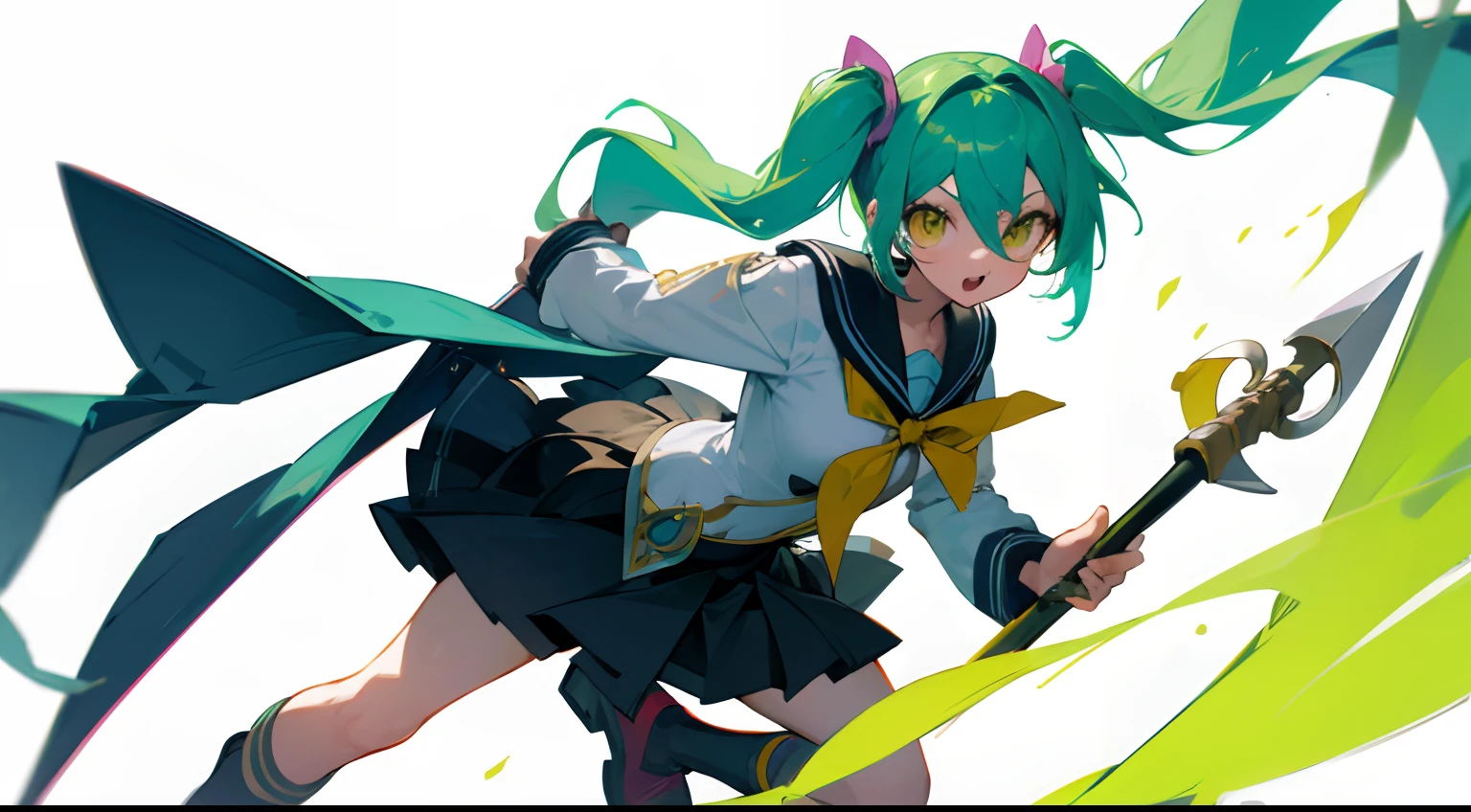 Personagem Lol SONA, pigtails duplos longos azuis, Magic Sailor, Holding a green axe with both hands, fundo floresta noturna