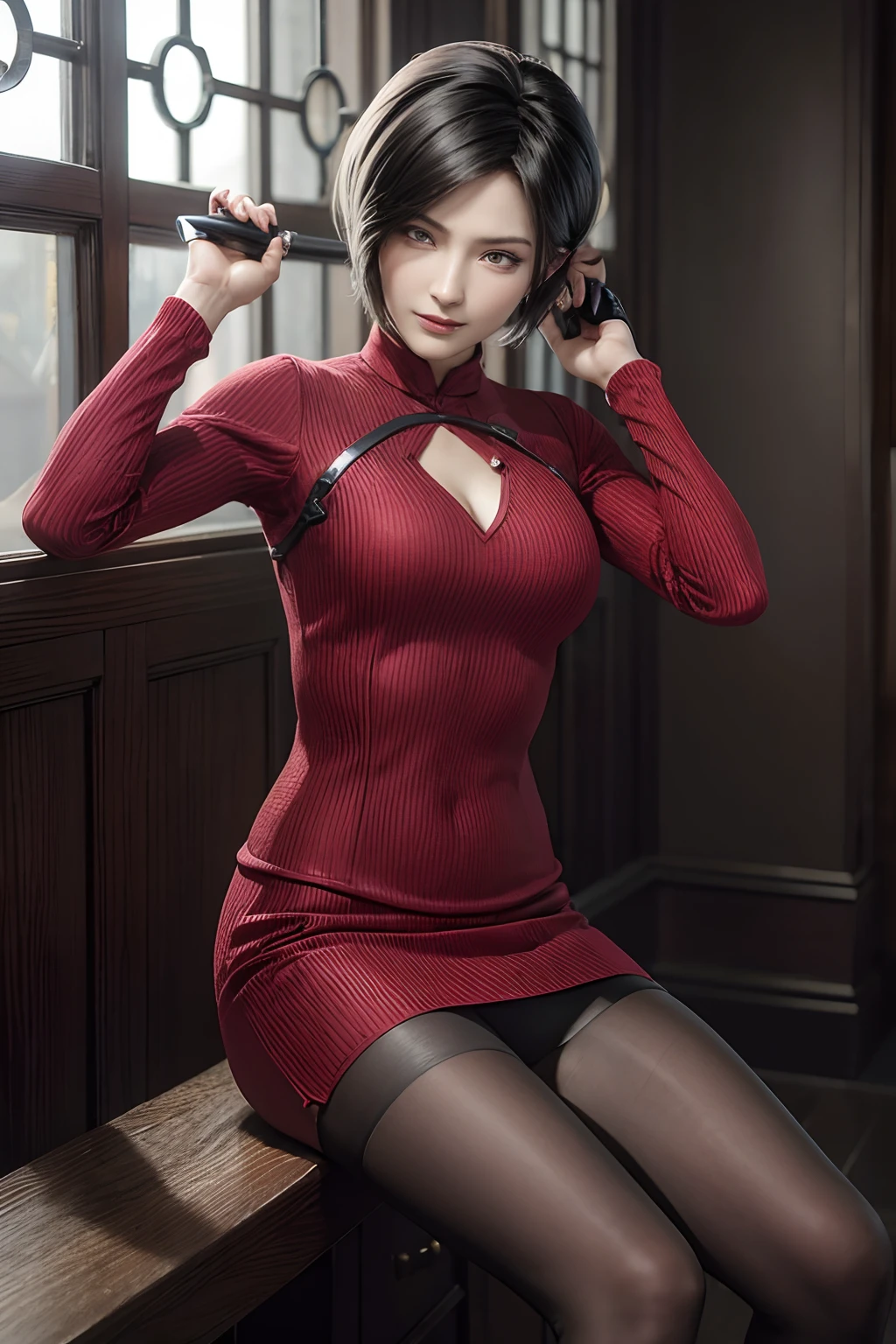 1 rapariga， 独奏， Ada Wong in Resident Evil 4 Remake， short detailed hair， brunette color hair， Red cheongsam， Short-sleeved shirt， Nero， nedium breasts， upper limbs， hindquarters， Black heels， Adriana's face， Find your audience， sly smile， A pistol was hung on her waist， best qualtiy， hight resolution：1.2， 18th century village in the background， Shadowing， Nightmare， rays of moonlight， Upper body photography， Low camera angle、depth of fields、center focused