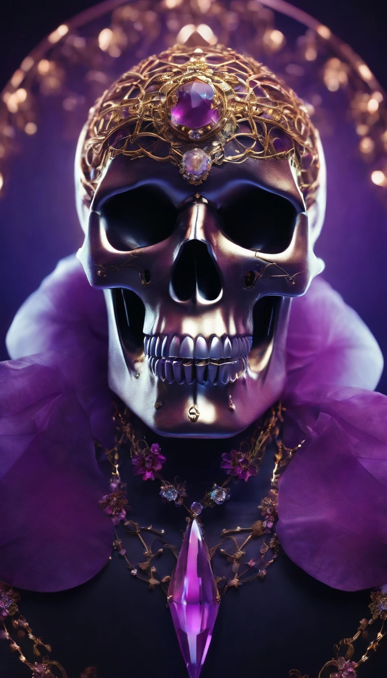 a futuristic skull with glowing eyes and a purple background,skull head made up of crystal and jewels,gloden sliver silk,hollw out blank,A crystal skull with crystal clarity,bloomcore skull with flowers,afrofuturism head,Art nouveau Transparent skull human head,cosmos,decopunk,cyberpunk pearls and jewels art by android jones, behance contest winner, computer art, darksynth vaporwave, rendered in cinema 4 d,fine art photography