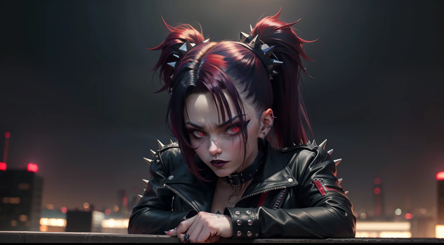 Goth_punk 1990s \(style\) ,dynamic pose, full body ,((on top of arooftop at school in at night)), swirly long pig tails, dark blue and red hair mix, psychotic stare, red glowing eyes, malicious smirk, dark blue lipstick, goth cropped leather jacket with spiky decorations, red shirt, black leather tight pants, combat boots with spiky decorations, goth black belt with spiky decorations, blood stain, blood everywhere