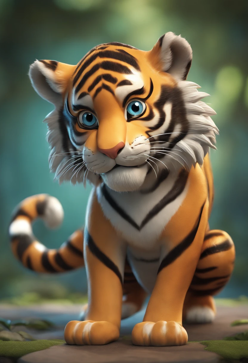 3D cartoon tiger doing yoga warrior standing pose.