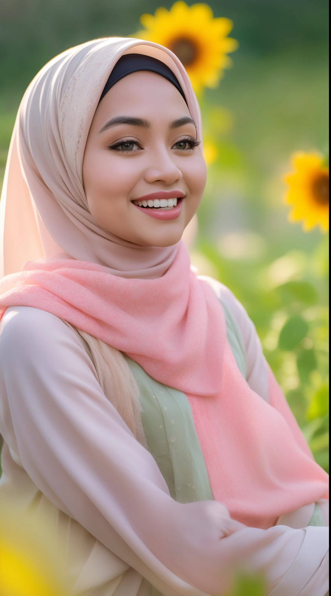 Malay girl in long hijab wear baju kurung, pastel color, kneeling in sunflower field, windy, blown her hijab, front view, detail skin, detail skin texture, mole below eyes, small breast, wide hips, small waist, thick thigh, slim abs, beautiful body, sunrise, laughing, happy, bright lighting, blur background, bokeh,