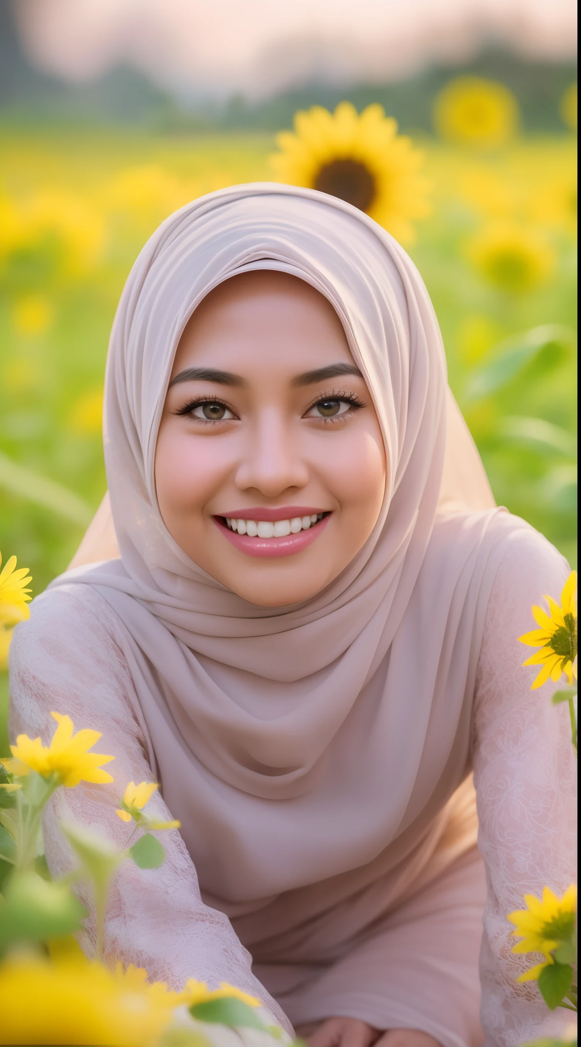 Malay girl in long hijab wear baju kurung, pastel color, kneeling in sunflower field, windy, blown her hijab, front view, detail skin, detail skin texture, mole below eyes, small breast, wide hips, small waist, thick thigh, slim abs, beautiful body, sunrise, laughing, happy, bright lighting, blur background, bokeh,