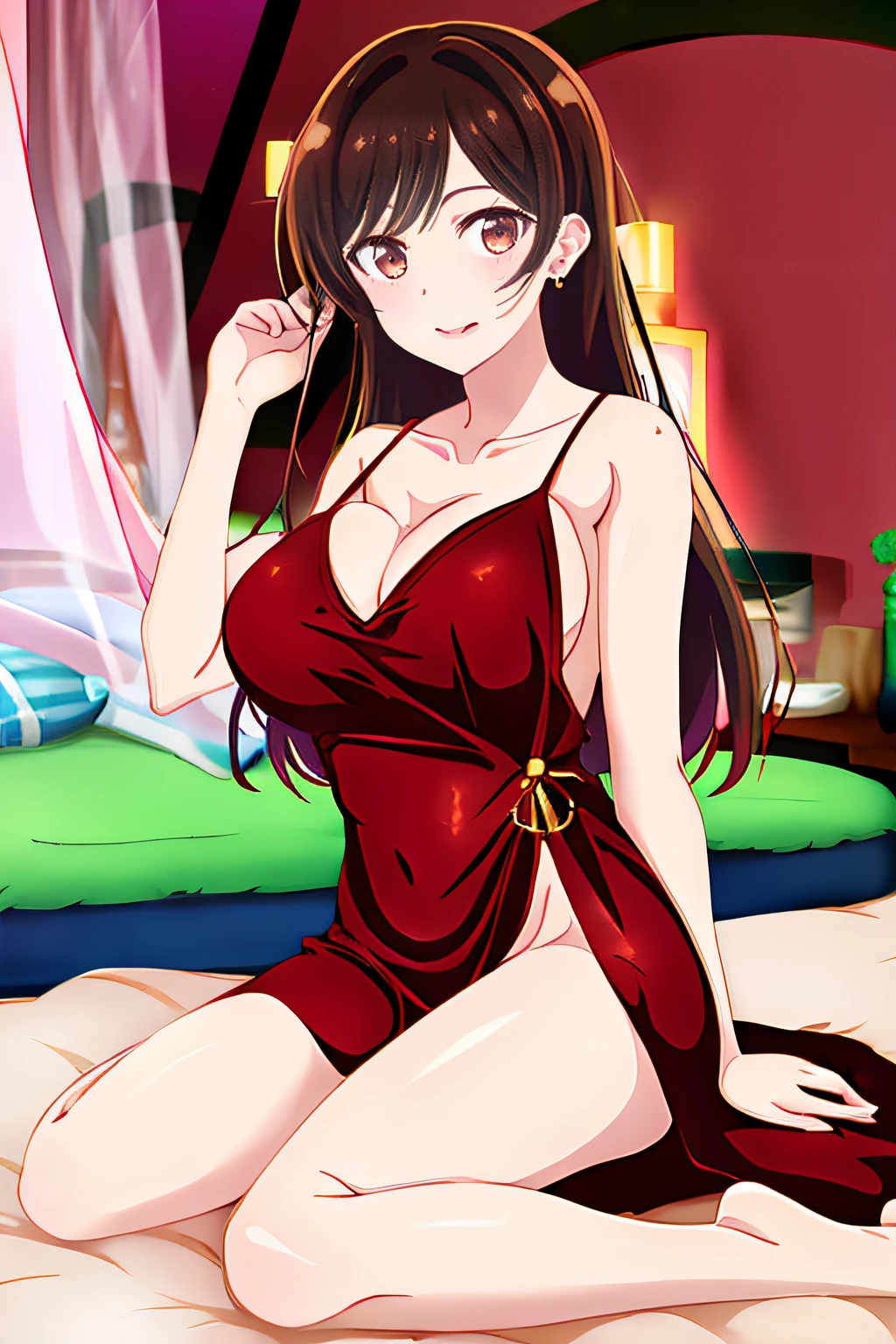 Chizuru, 1girl, solamente, largo_cabello, senos, Looking_en_espectador, Senríen, flequillo,Medius_senos, brown_cabello, vestido, escote, solamente_hombros, brown_ojos, jewely, sentada, muy_largo_cabello, cerrado_boca, 鎖骨, Muslos, Pendientes, sin mangas, dentro, bienzalete, no_bien, cama, inclinado_adelante, no_biengas, sin mangas_vestido, barrido_flequillo, cama_sheet, brazo_apoyo, en_cama, rojo_vestido, revelador_ropa, areola_slip, downblouse, Noche_vestido, Hundiendo_escote