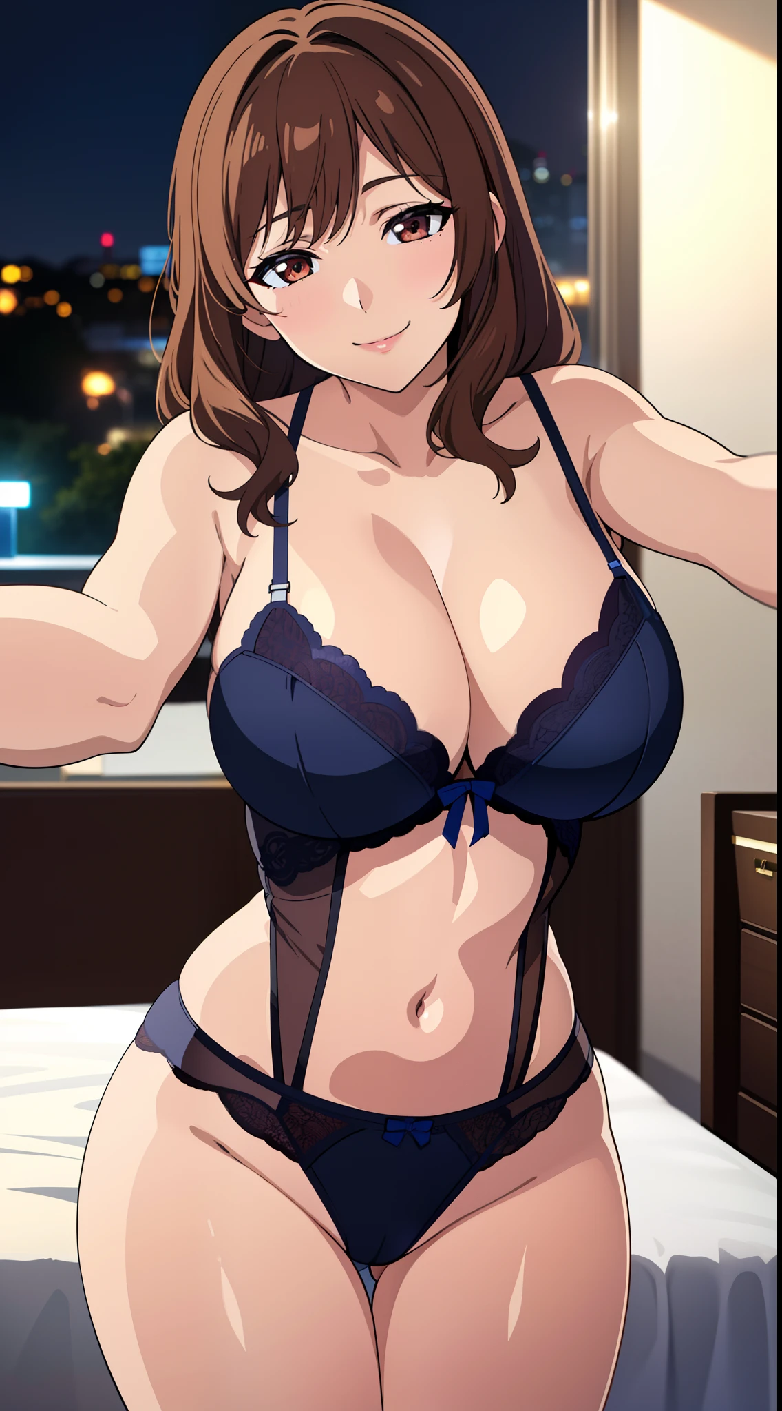 (best quality:1.5, highres, UHD, 4K, detailed lighting, shaders), brown wavy hair, beautiful, large breasts, sexy, erotic, lewd, cleavage, lingerie, thighs, smiling, crotch, (pov, close shot), night bedroom background