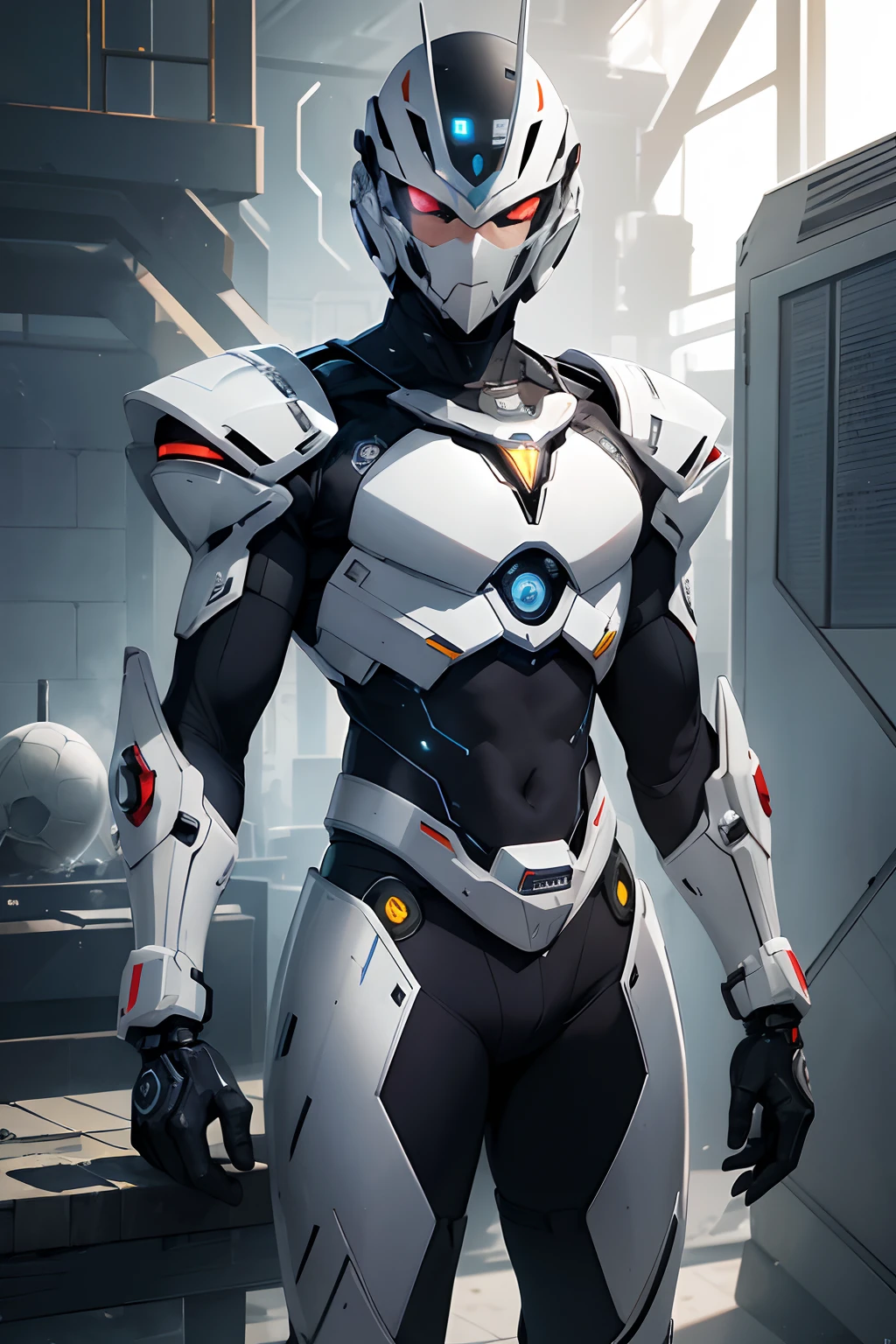 Arafed homem em traje futurista posando para foto, em armadura branca futurista, (with 1 bright mechanical eye) menino em mecha cyber armor, Unreal Engine Rendering, Armadura de porcelana ciborgue, armadura branca brilhante, Corpo ciborgue, diverse cybersuits, Homem Ciborgue, cyborg menino branco, com armadura futurista, o homem Ciborgue Perfeito