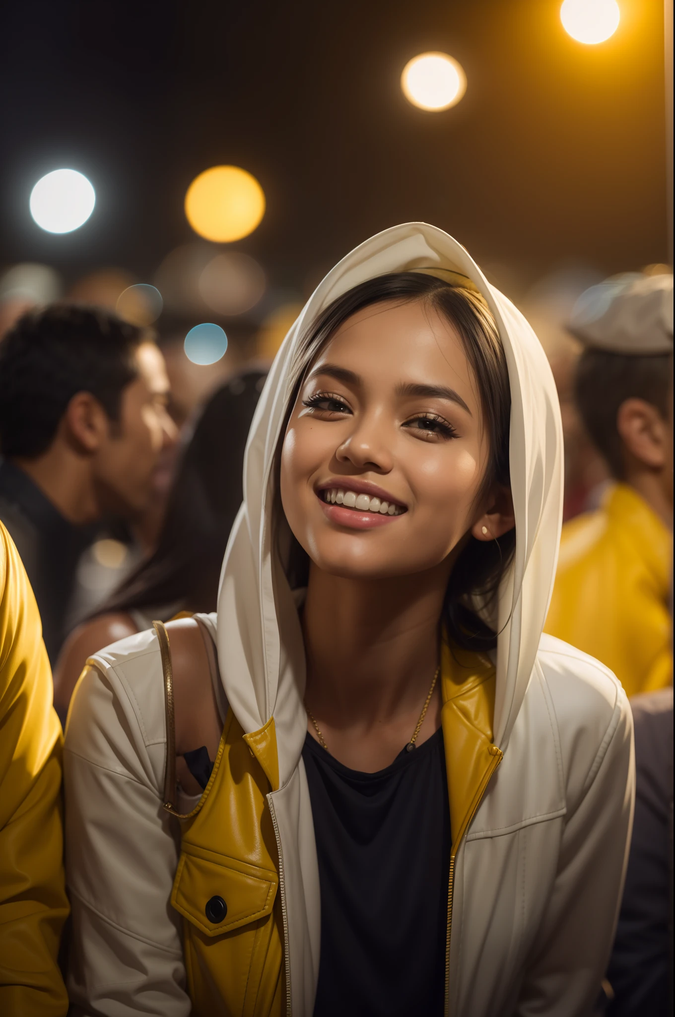 Portrait photography of a beautiful young malay girl in hijab wearing white tank top with yellow leather jacket and white jeans with 1 malay man watching a concert, nighttime, concert background, crowded concert, bright lighting, smile and happy gesture, high quality, ultra detail, 8k,
