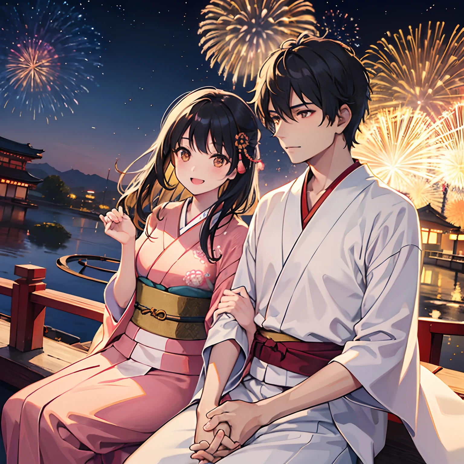 (Indian guy olive skin tone) and      (Japanese girl) wearing kimono holding hands as they watch the fireworks festival in Japan night time, characters in the background