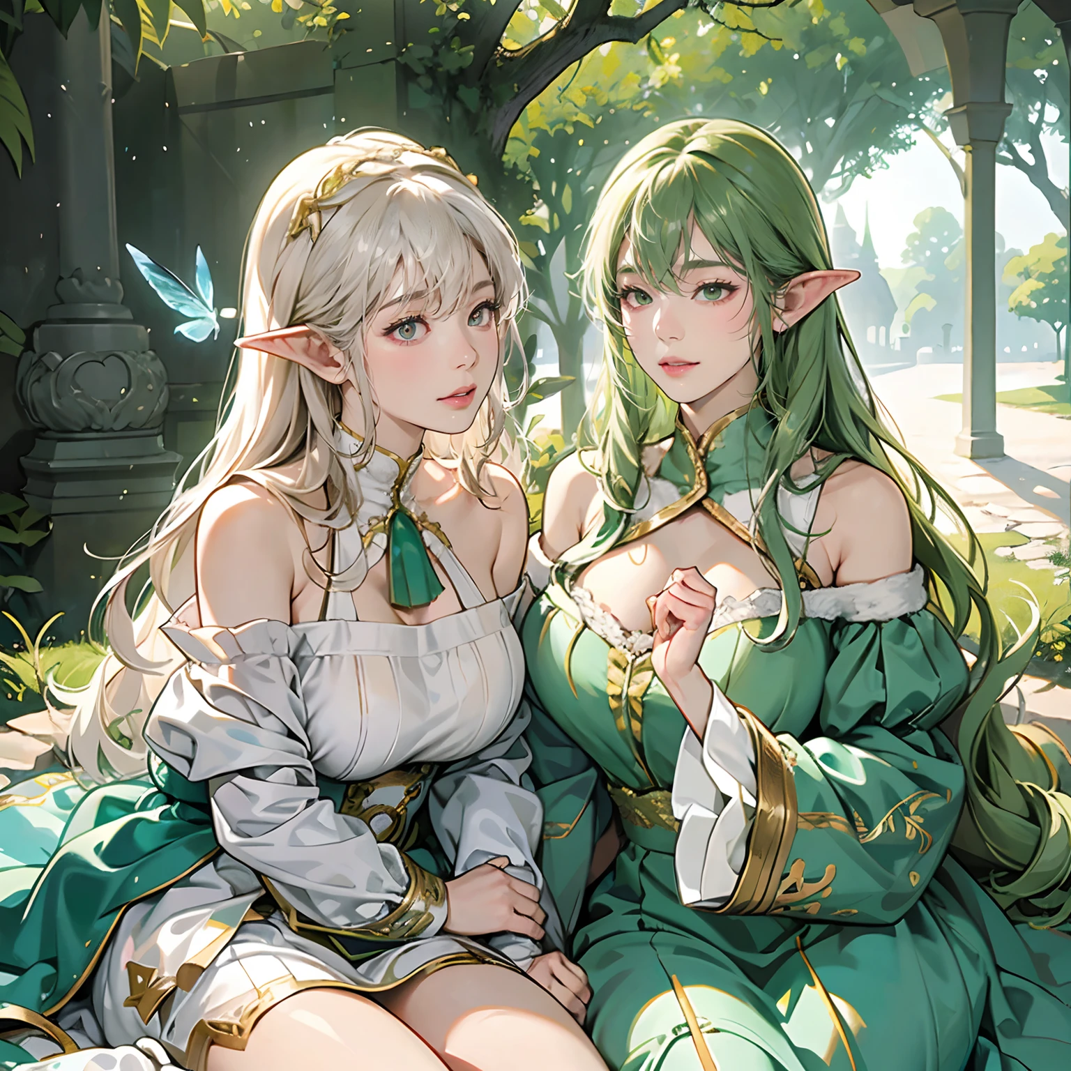 Women in Their 20s, 2 females:2.0、offcial art, unity 8k wall paper, ultra-detailliert, beautifly、Aesthetic, ​masterpiece, top-quality, Photorealsitic, Female High Elves、highelf、Dark green eyes、White hair、snow-white hair、Braids:2.0、Pointed ears、Green costume、Light green blouse、Gold Brooch、golden hair ornaments、Big magic wand:2.0、Big bag、depth of fields, Fantastic atmosphere, Calm palette, tranquil mood, Soft shading、Ruins in the forest、Ruins covered in vegetation、Crumbling stone statue、Green Tree々、Beautiful Landscapes、bbw、Long body、Huge breasts、very large breast、plump figure、Shining Fairy:2.0、Fairy Dust:1.6、Light Powder、Huge breasts、thighs thighs thighs thighs、Deep slit、Costume with less fabric woven from white string