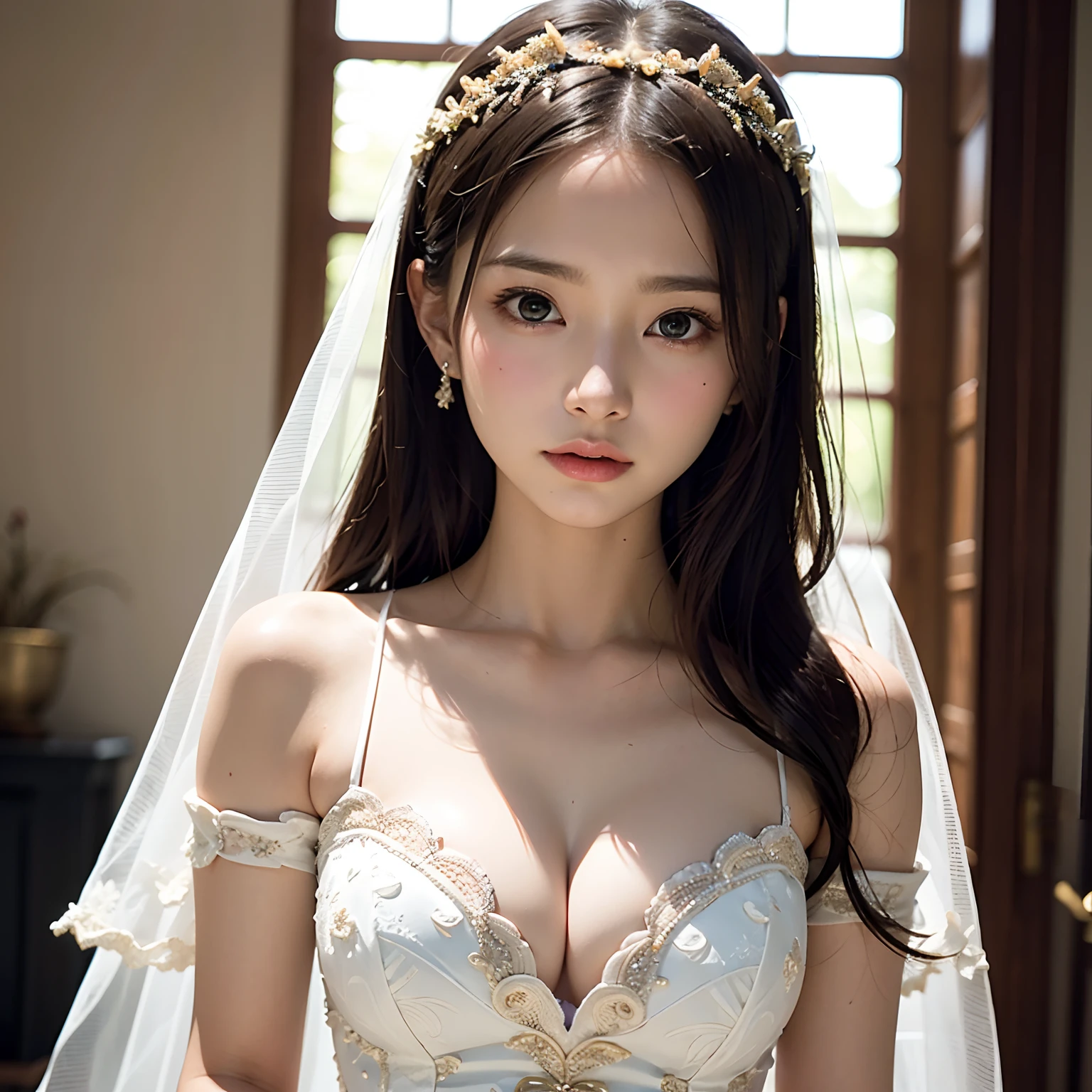 (masutepiece, Best Quality:1.2), 8K, Official art, Raw photo, Full Bord Bill Four、The front of the uniform is open、wedding dress、Beautiful breasts are thin、14years、small tits、unbelievable Ridiculous, (Upper body, wedding dress:1.4), Beautiful Girl, Pretty Face, arching back down,、Gold hair ornament on hair、close up, Sailor Suit, Short sleeve, violaceaess, Teen, Looking at Viewer, Film grain, chromatic abberation, Sharp Focus, face lights, Dynamic lighting, Cinematic lighting, Eyes and faces with detailed, Bokeh background,