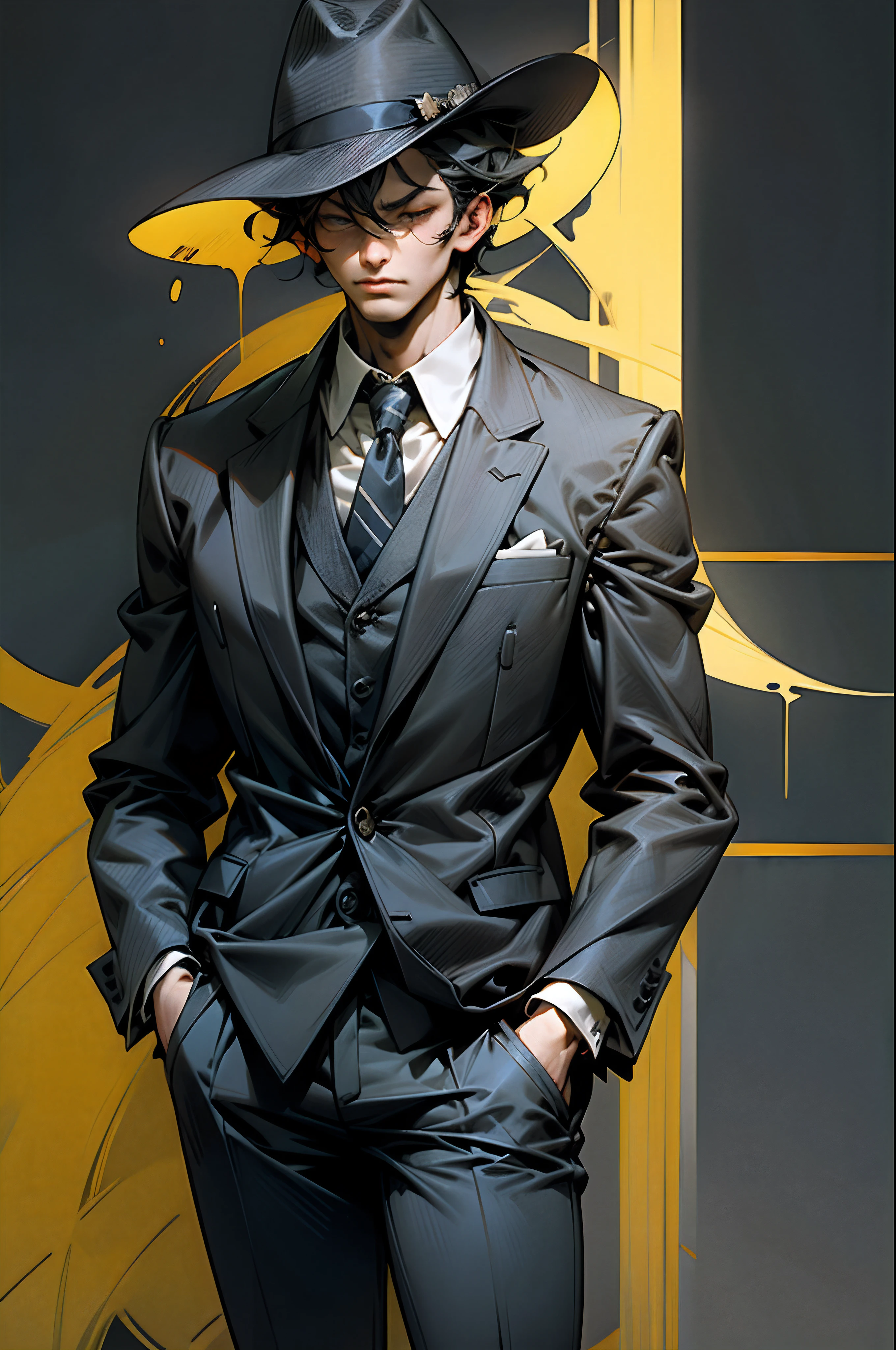 Dark background, vibrant colors, man in suit, hat, elegant, broad shoulders, faceless, dark face, looking down, black suit