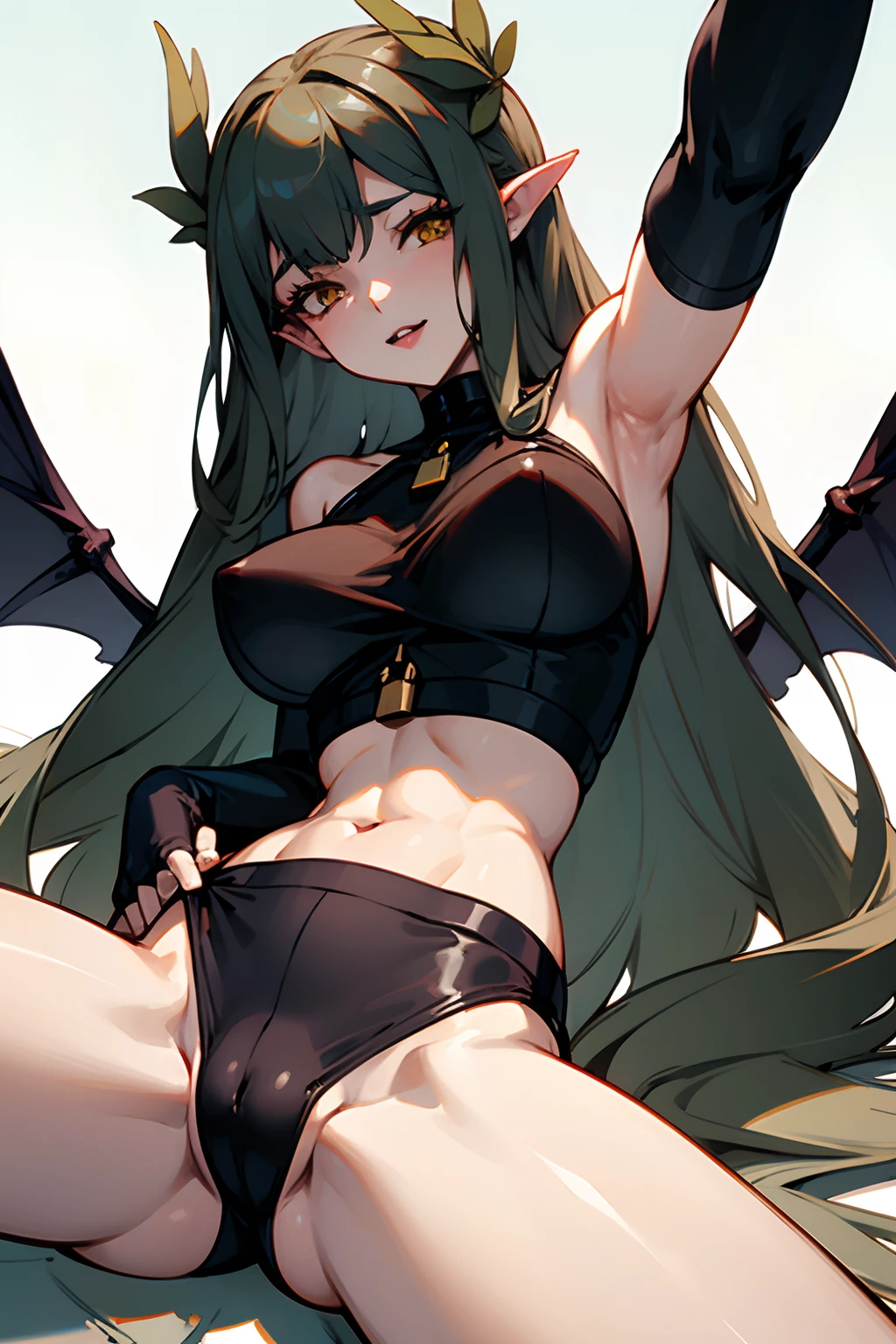 Bigboobs,cropped shoulders,white backgrounid,succubi,spread their legs,Crotch view,
