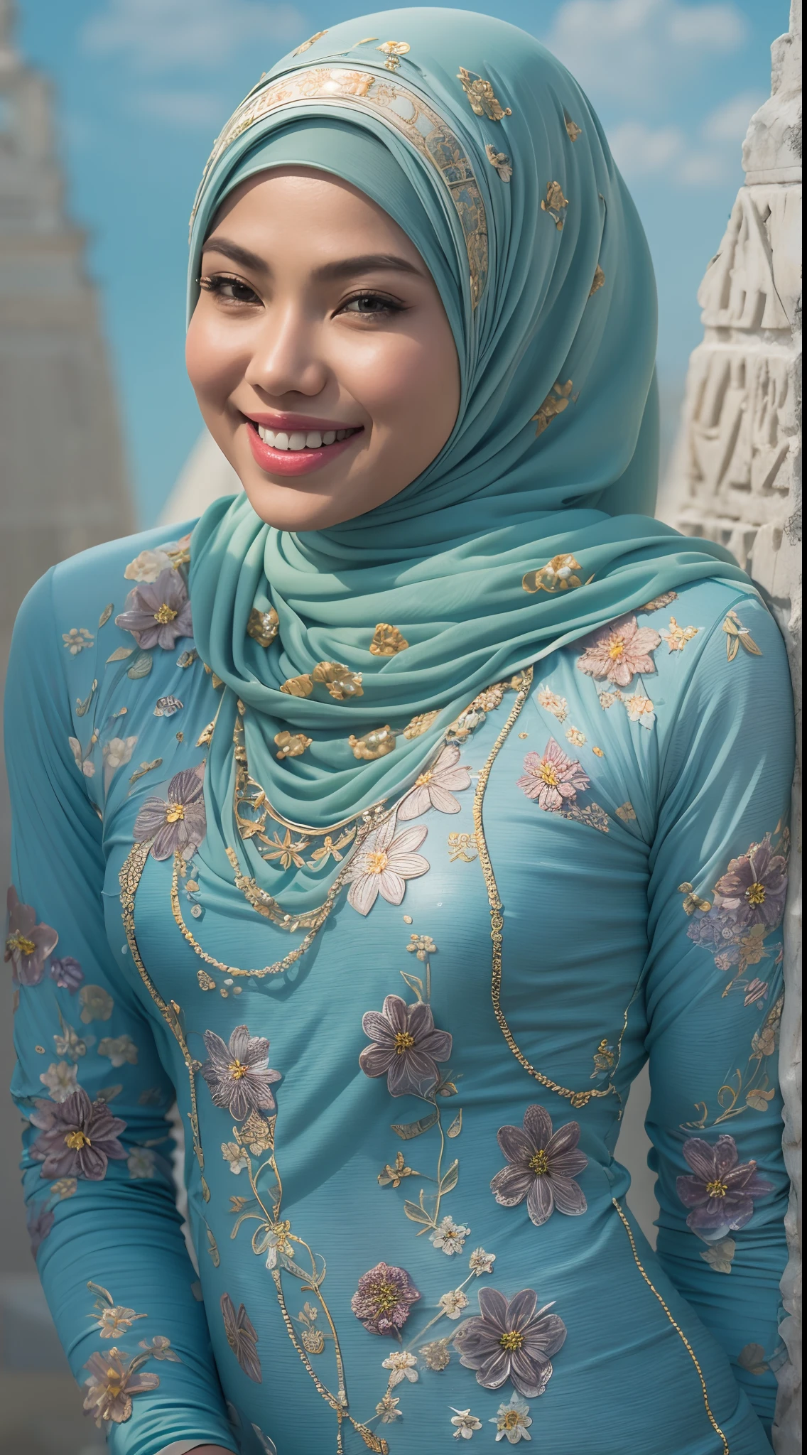 1 malay woman in hijab,((wear tight light blue baju kurung with small floral pattern)),(big buttocks), big round ass, Small chest, laughing smile, (hijab flying), de pele branca,big breasts thin waist, egypt pyramid background, Hyper-Realism, Cinematic lighting, depth of fields, From back below, vanishing point, F/2.8, Anatomically correct, Textured skin, Super Detail, awardwinning, Best Quality, hight resolution, 8k, bokeh,