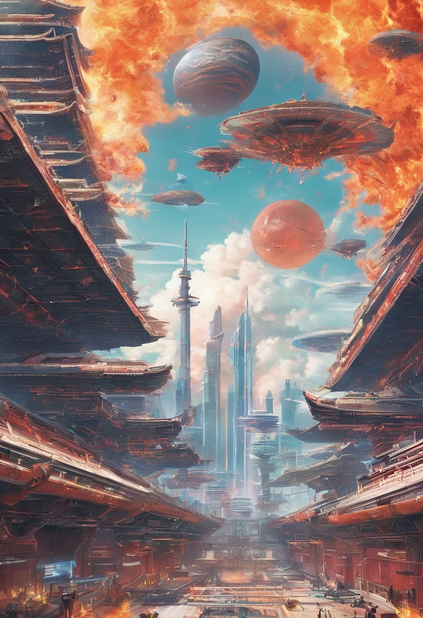 Master made,Grandiose spectacle,(Chinese characteristics),((Sword appearance)Flying battleships),((Majesty,Domineering)),opening fire,Full fire,(((Bombing Japan)))Bombardment,background in war,Highest image quality,complexdetails,Extreme resolution,Dynamic obfuscation,Full of details,Precise detailing
