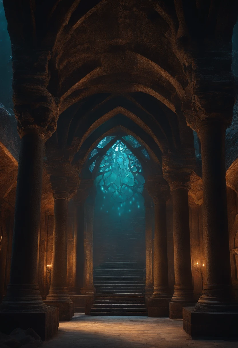 In the dungeon,Rough, Fine detail, eldritch structures, organic arquitecture, enormous halls, frozen, stone tentacles