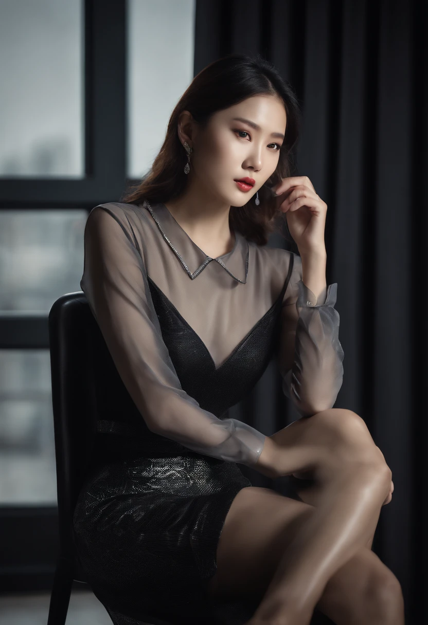 Sitting on chair in black dress, Korean female fashion model, transparent gray skirt, mesh shirt, chrome clothes, shiny silver, lucky I look, big breasts, best quality, masterpiece, super high resolution, realistic,