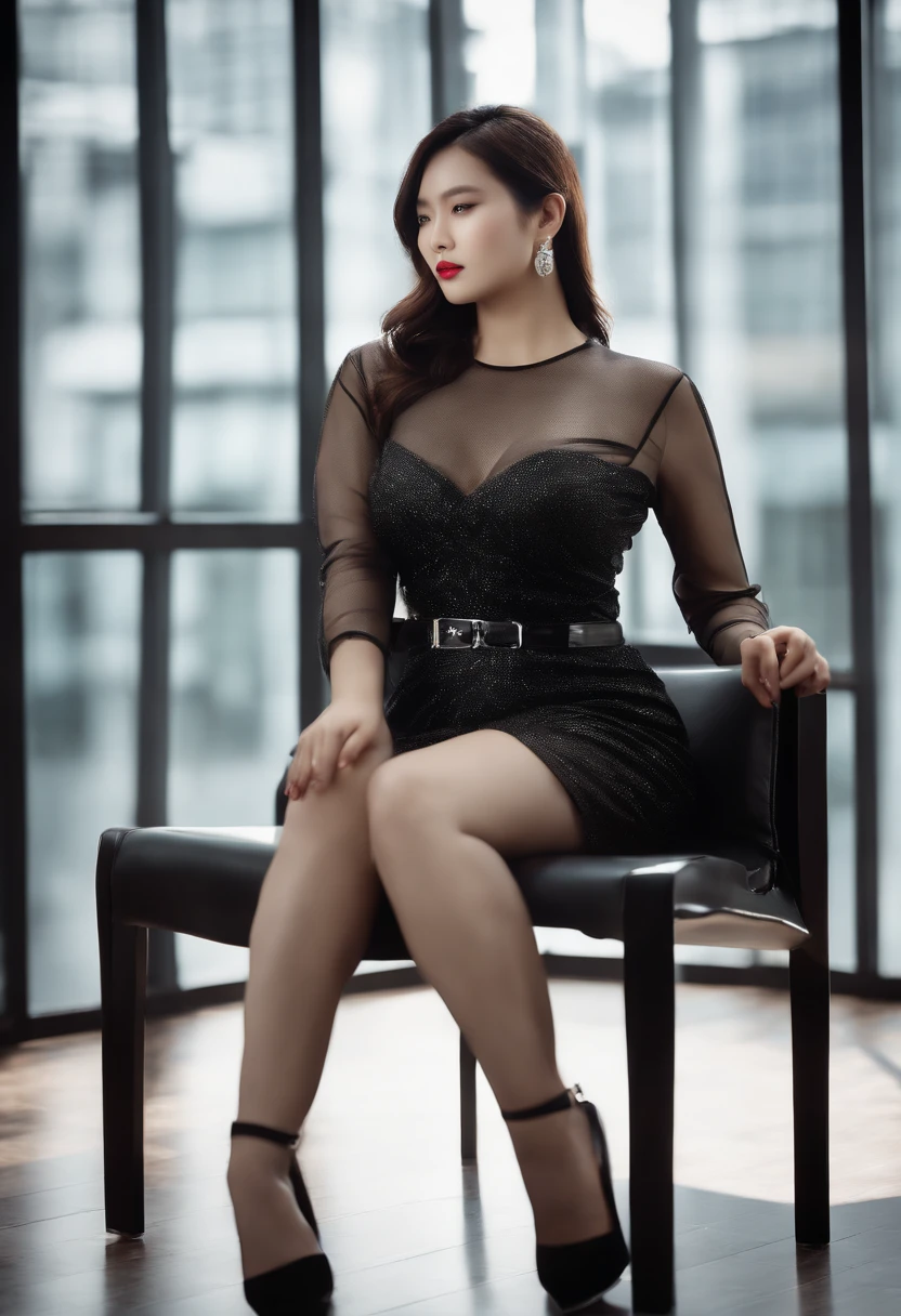 Sitting on chair in black dress, Korean female fashion model, transparent gray skirt, mesh shirt, chrome clothes, shiny silver, lucky I look, big breasts, best quality, masterpiece, super high resolution, realistic,